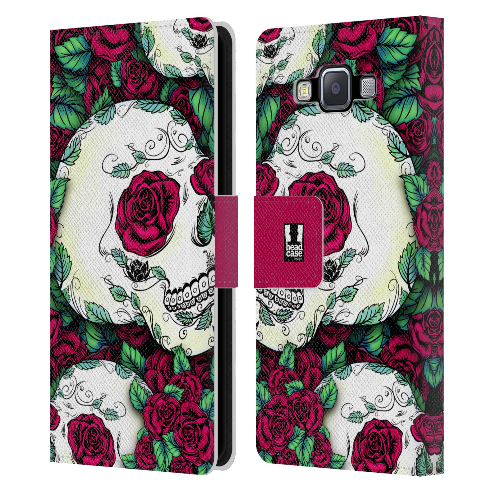 HEAD CASE Flipové pouzdro pro mobil Samsung Galaxy A5 lebky a květiny rudá