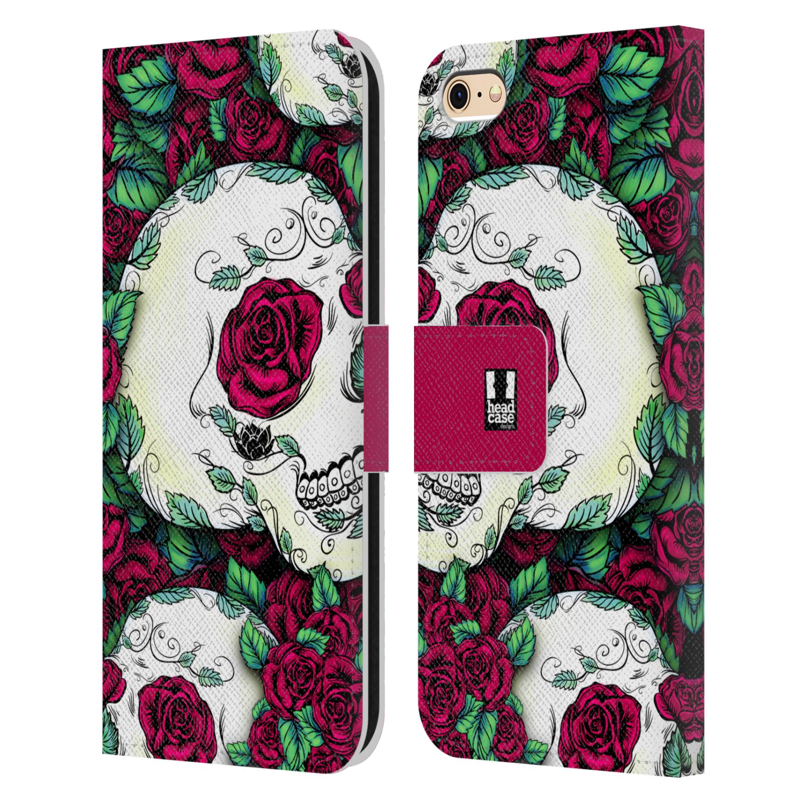 HEAD CASE Flipové pouzdro pro mobil Apple Iphone 6/6s lebky a květiny rudá