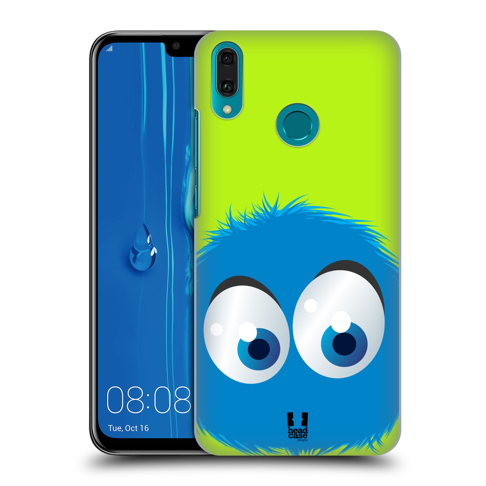 Pouzdro na mobil Huawei Y9 2019 - HEAD CASE - vzor Barevný chlupatý smajlík MODRÁ zelené pozadí