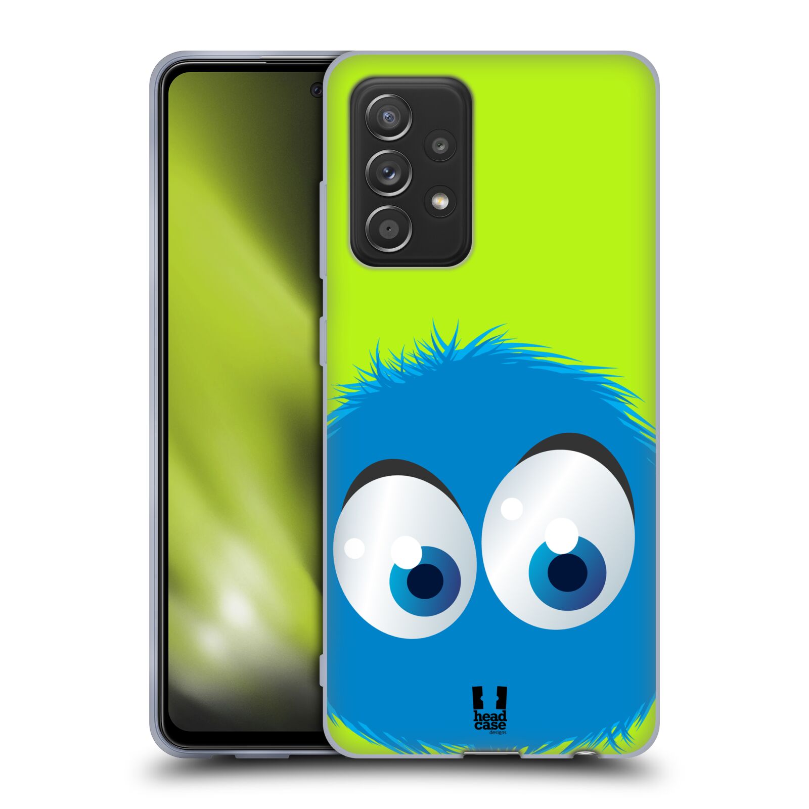 Plastový obal HEAD CASE na mobil Samsung Galaxy A52 / A52 5G / A52s 5G vzor Barevný chlupatý smajlík MODRÁ zelené pozadí