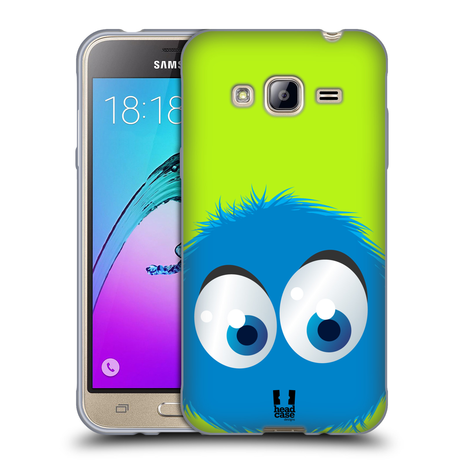 HEAD CASE silikonový obal na mobil Samsung Galaxy J3, J3 2016 vzor Barevný chlupatý smajlík MODRÁ zelené pozadí