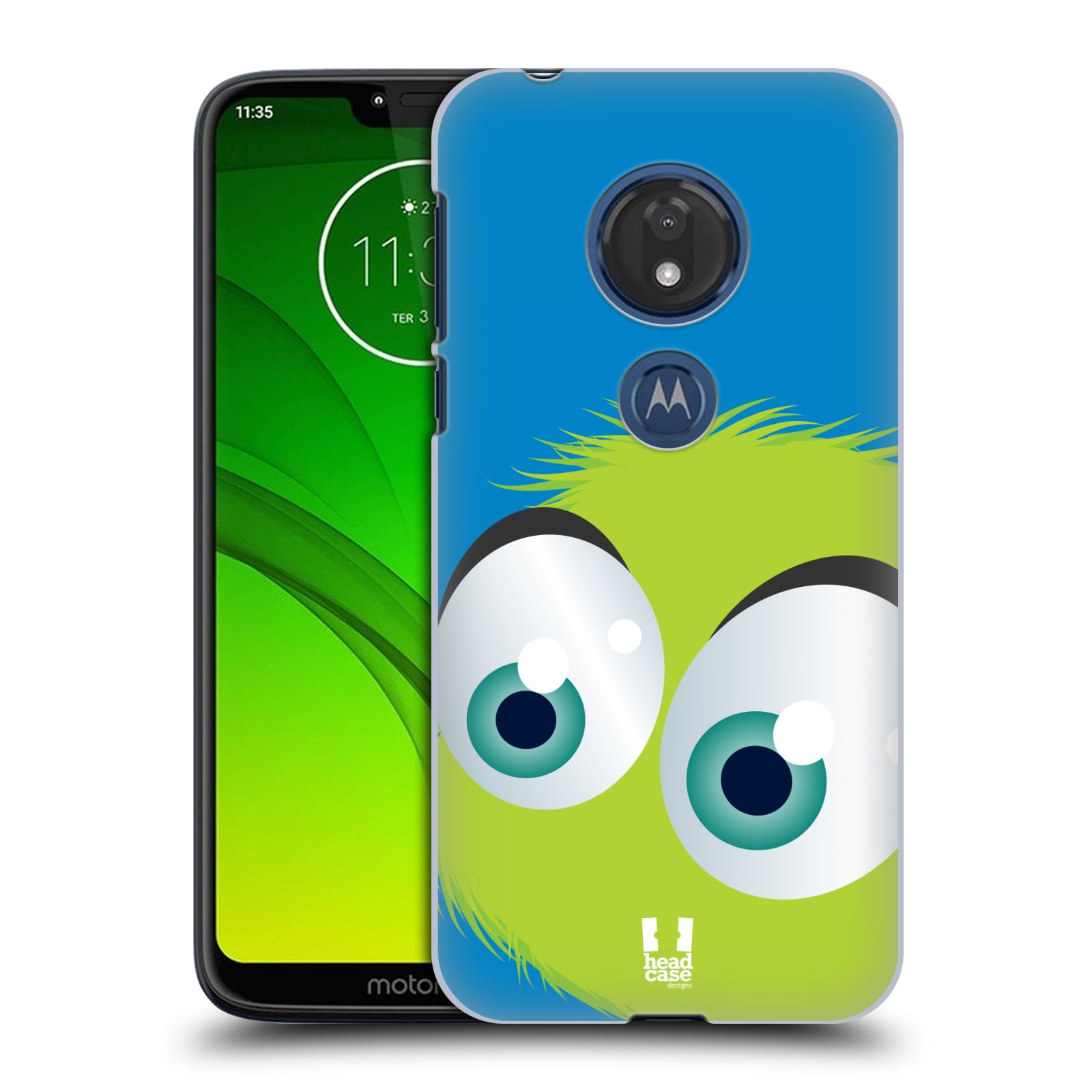 Pouzdro na mobil Motorola Moto G7 Play vzor Barevný chlupatý smajlík ZELENÁ modré pozadí