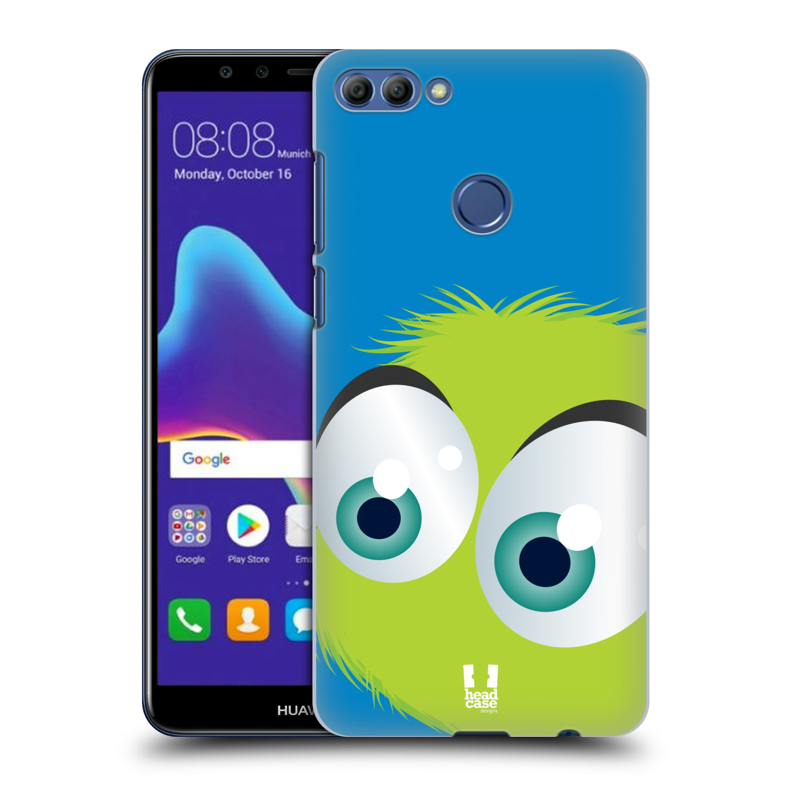 HEAD CASE plastový obal na mobil Huawei Y9 2018 vzor Barevný chlupatý smajlík ZELENÁ modré pozadí