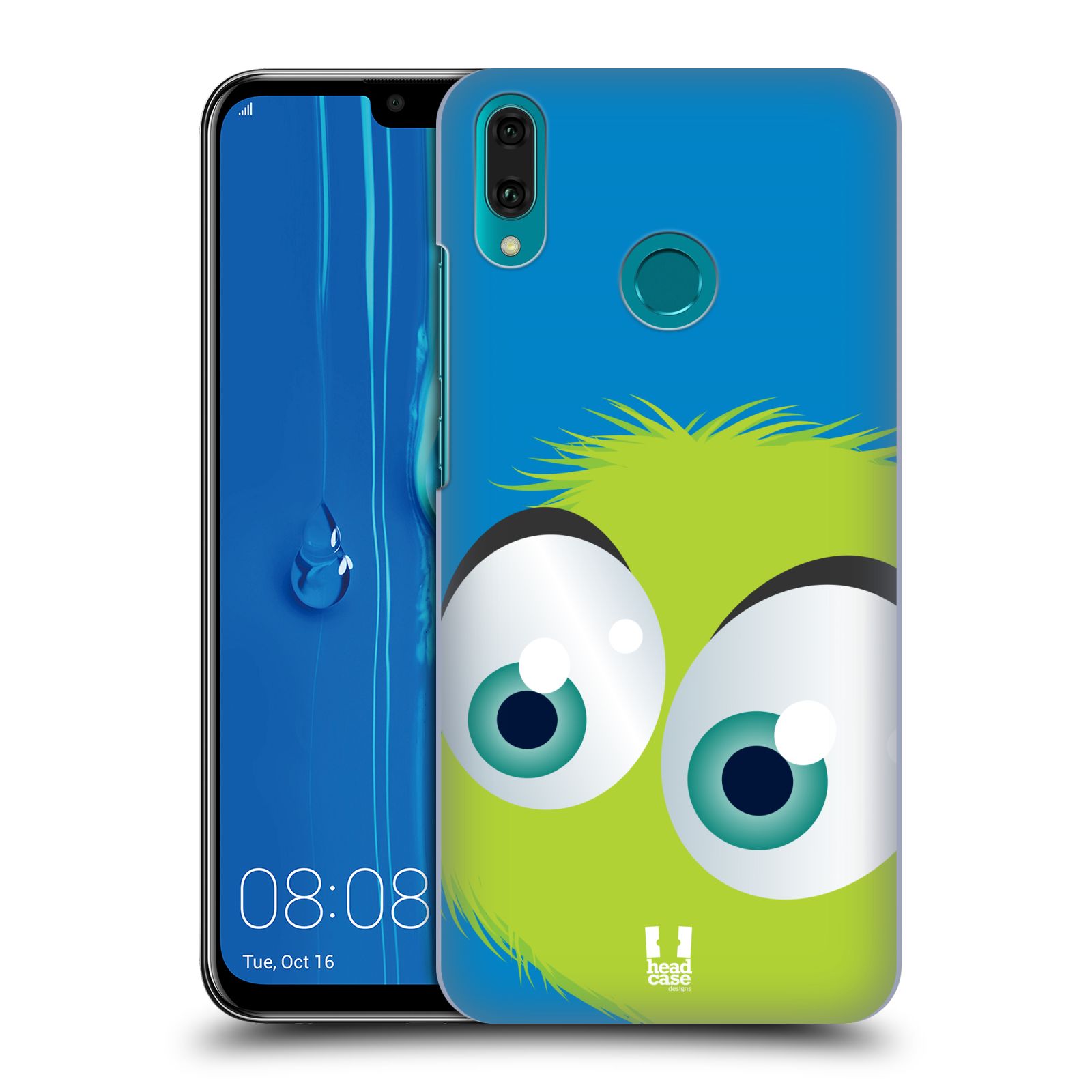 Pouzdro na mobil Huawei Y9 2019 - HEAD CASE - vzor Barevný chlupatý smajlík ZELENÁ modré pozadí