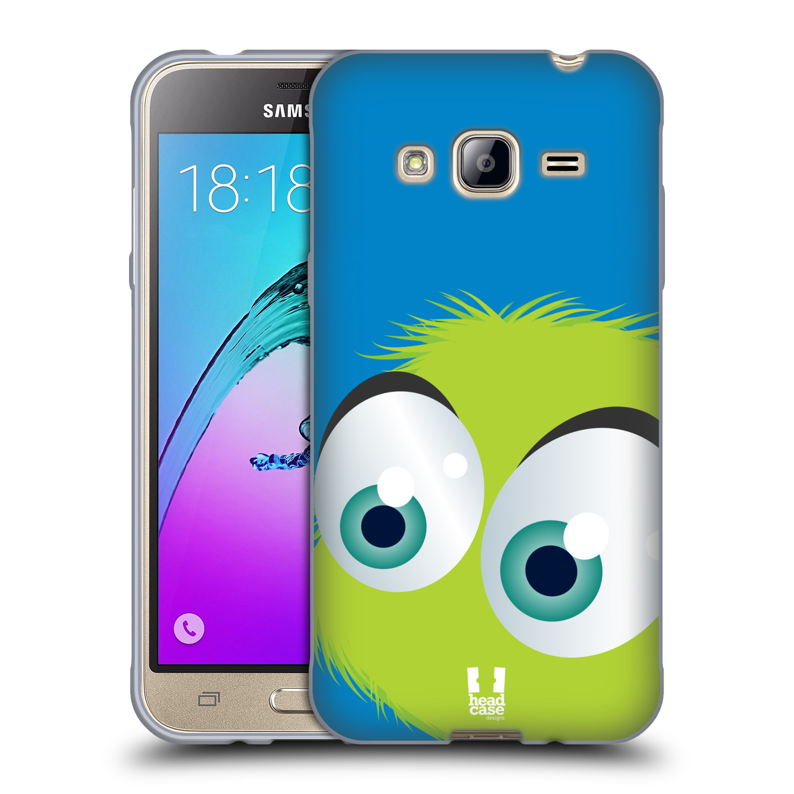 HEAD CASE silikonový obal na mobil Samsung Galaxy J3, J3 2016 vzor Barevný chlupatý smajlík ZELENÁ modré pozadí