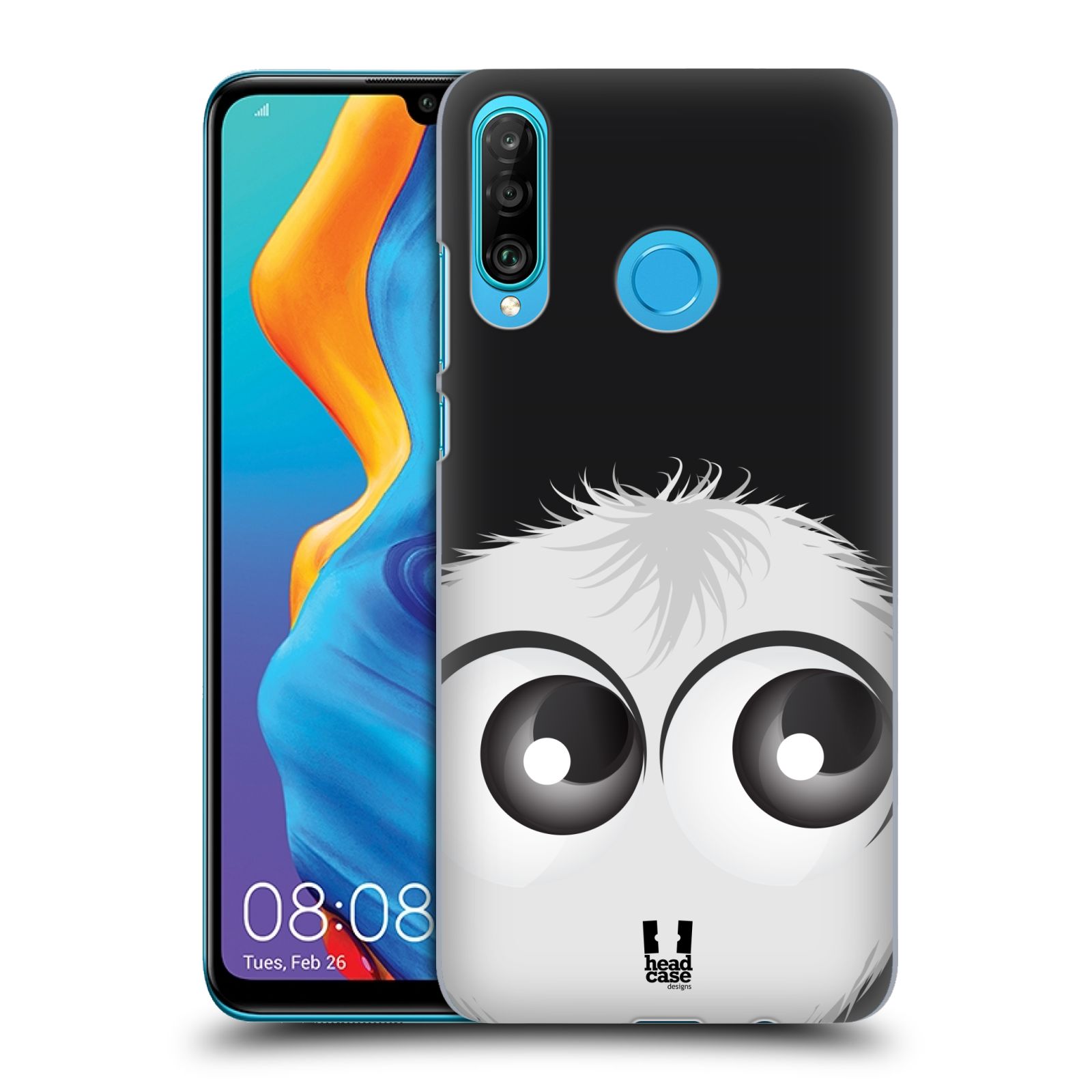 Pouzdro na mobil Huawei P30 LITE - HEAD CASE - vzor Barevný chlupatý smajlík BÍLÁ černé pozadí