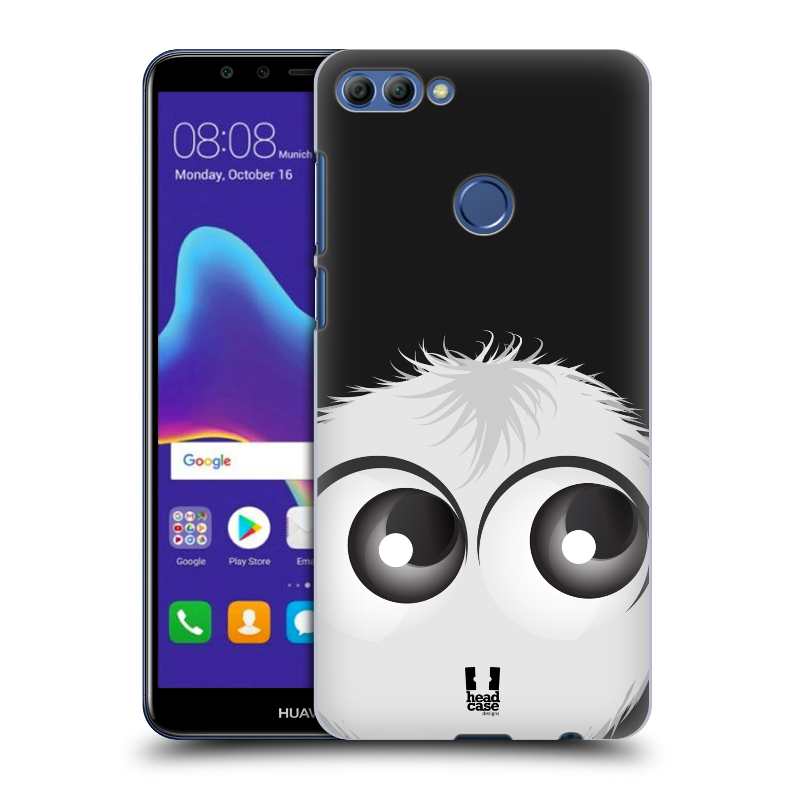 HEAD CASE plastový obal na mobil Huawei Y9 2018 vzor Barevný chlupatý smajlík BÍLÁ černé pozadí
