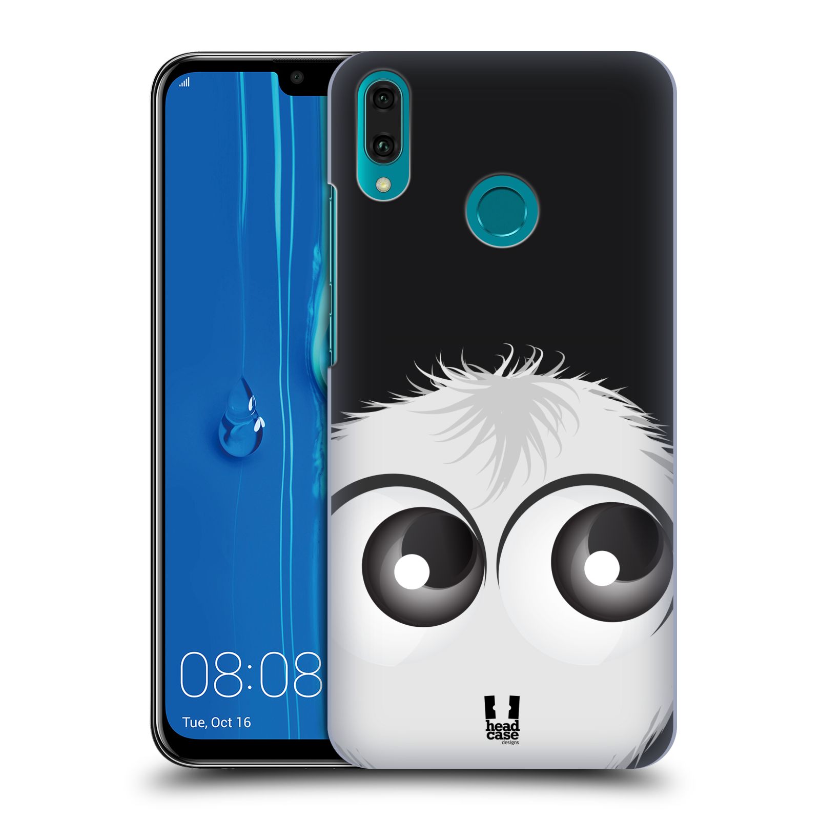 Pouzdro na mobil Huawei Y9 2019 - HEAD CASE - vzor Barevný chlupatý smajlík BÍLÁ černé pozadí