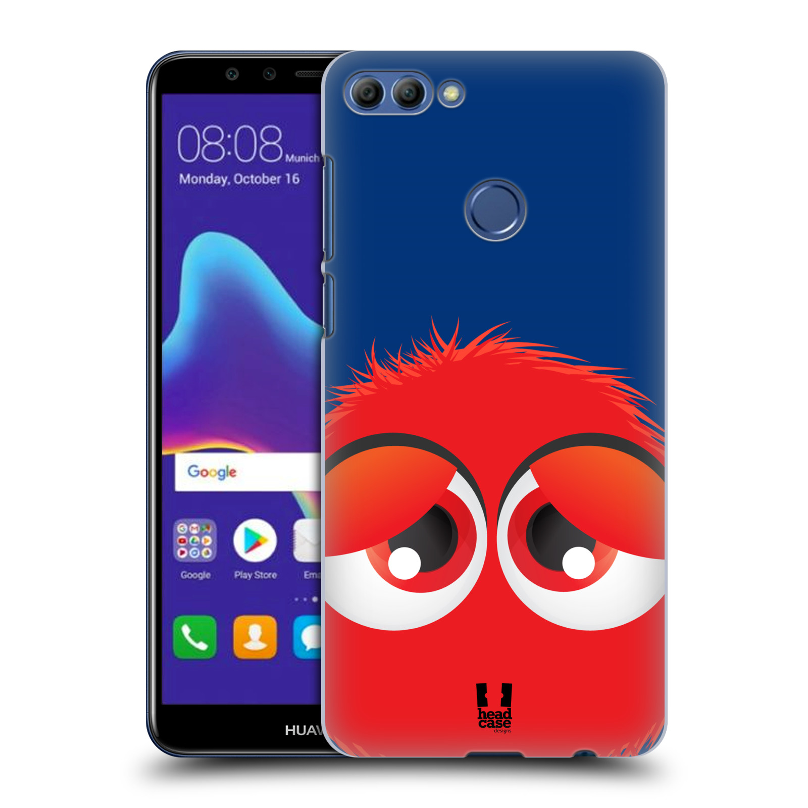 HEAD CASE plastový obal na mobil Huawei Y9 2018 vzor Barevný chlupatý smajlík ČERVENÁ modré pozadí