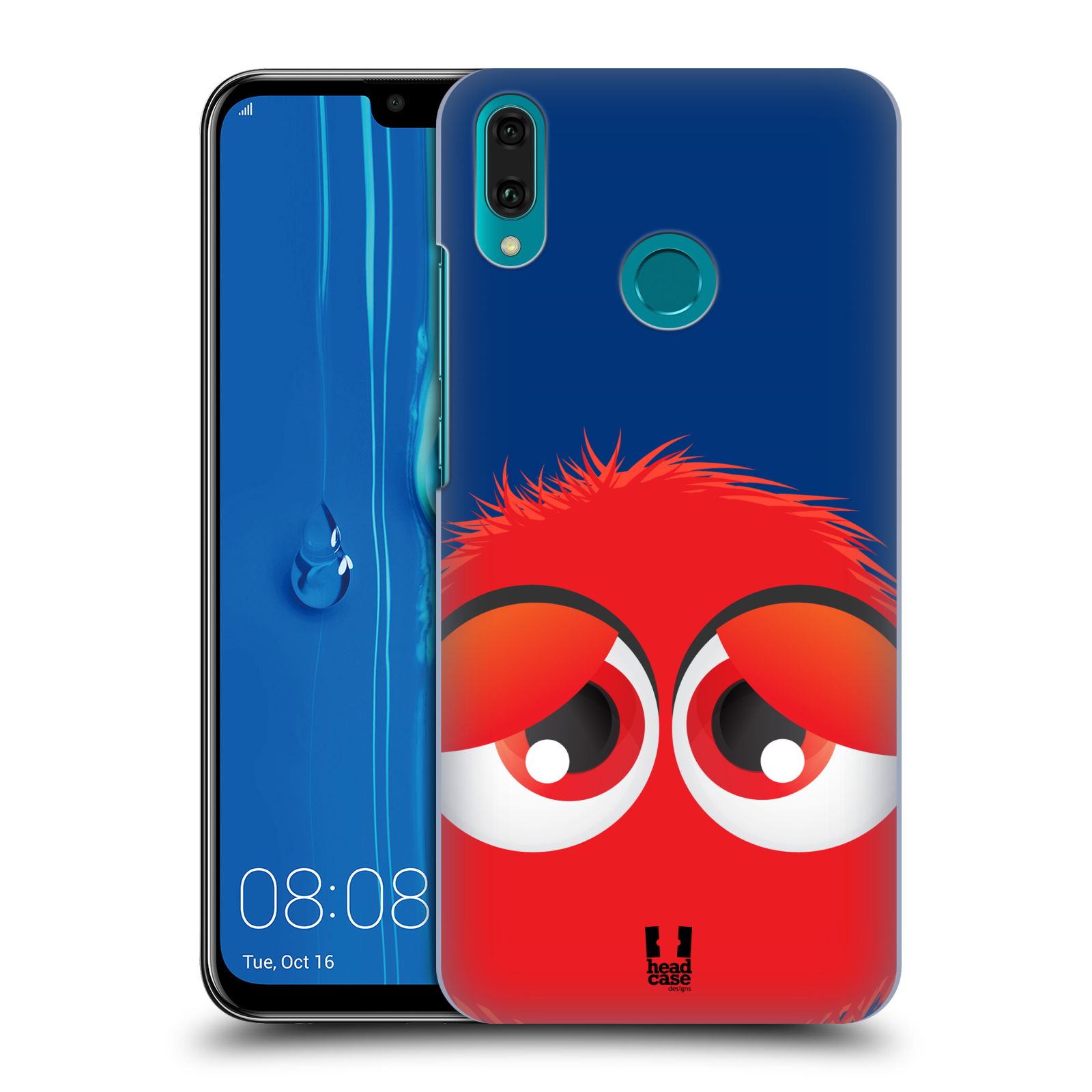 Pouzdro na mobil Huawei Y9 2019 - HEAD CASE - vzor Barevný chlupatý smajlík ČERVENÁ modré pozadí
