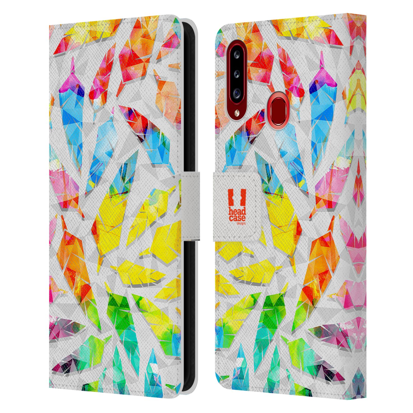 HEAD CASE Flipové pouzdro pro mobil Samsung Galaxy A20s geometrická barevná pírka vodní barva