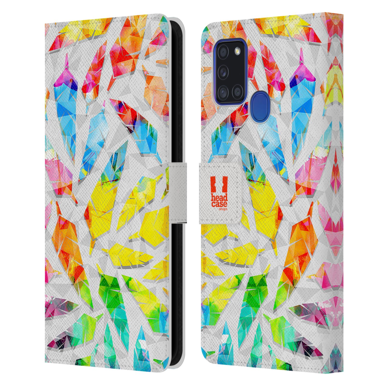 HEAD CASE Flipové pouzdro pro mobil Samsung Galaxy A21s geometrická barevná pírka vodní barva