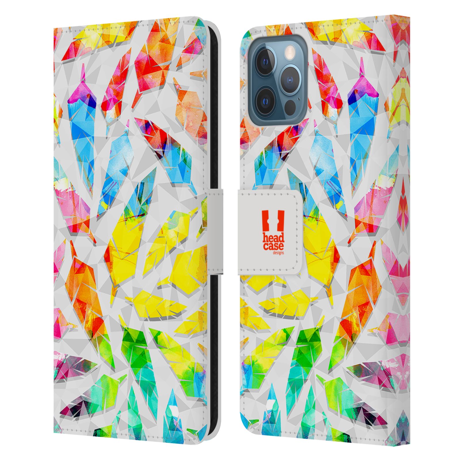 HEAD CASE Flipové pouzdro pro mobil Apple Iphone 12 / Iphone 12 PRO geometrická barevná pírka vodní barva