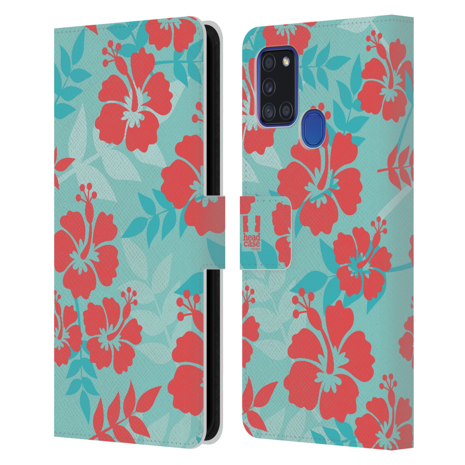 HEAD CASE Flipové pouzdro pro mobil Samsung Galaxy A21s Havajský vzor Ibišek květ modrá a růžová
