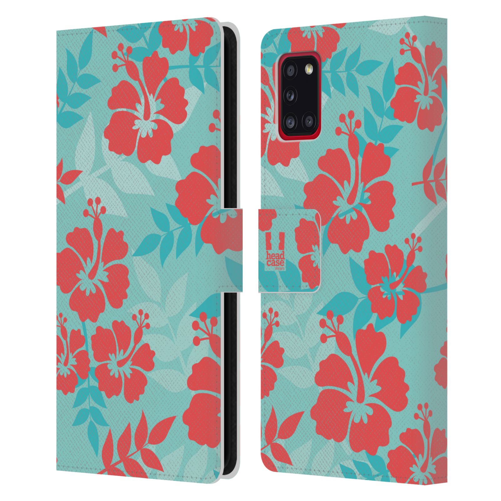 Pouzdro HEAD CASE na mobil Samsung Galaxy A31 Havajský vzor Ibišek květ modrá a růžová