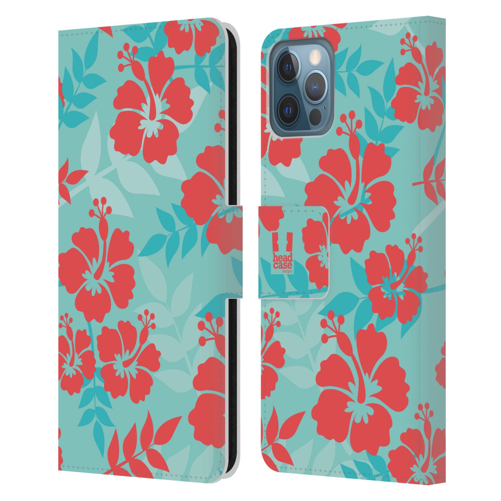HEAD CASE Flipové pouzdro pro mobil Apple Iphone 12 / Iphone 12 PRO Havajský vzor Ibišek květ modrá a růžová