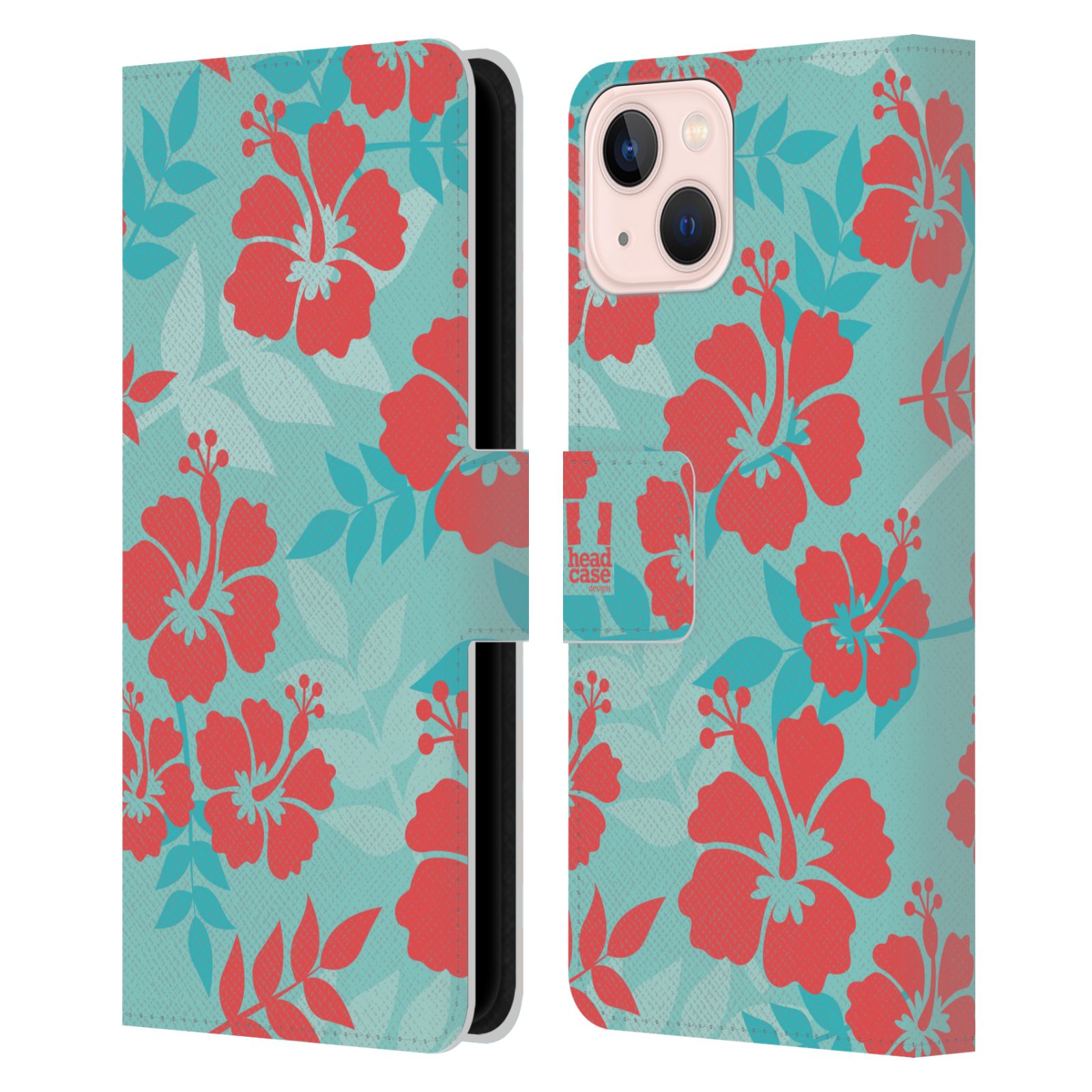 Pouzdro HEAD CASE na mobil Apple Iphone 13 Havajský vzor Ibišek květ modrá a růžová