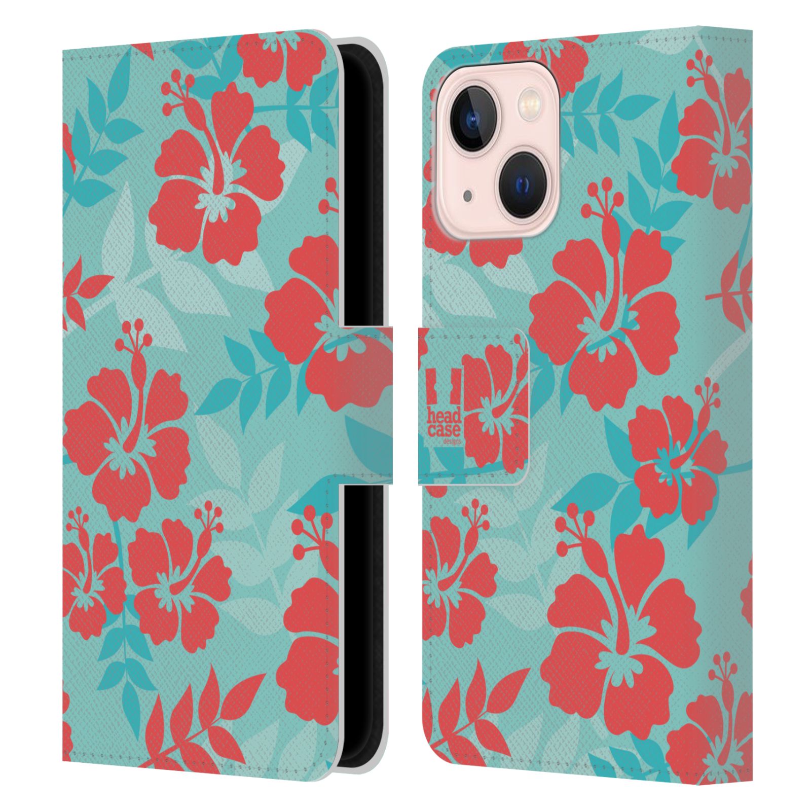 Pouzdro HEAD CASE na mobil Apple Iphone 13 MINI Havajský vzor Ibišek květ modrá a růžová