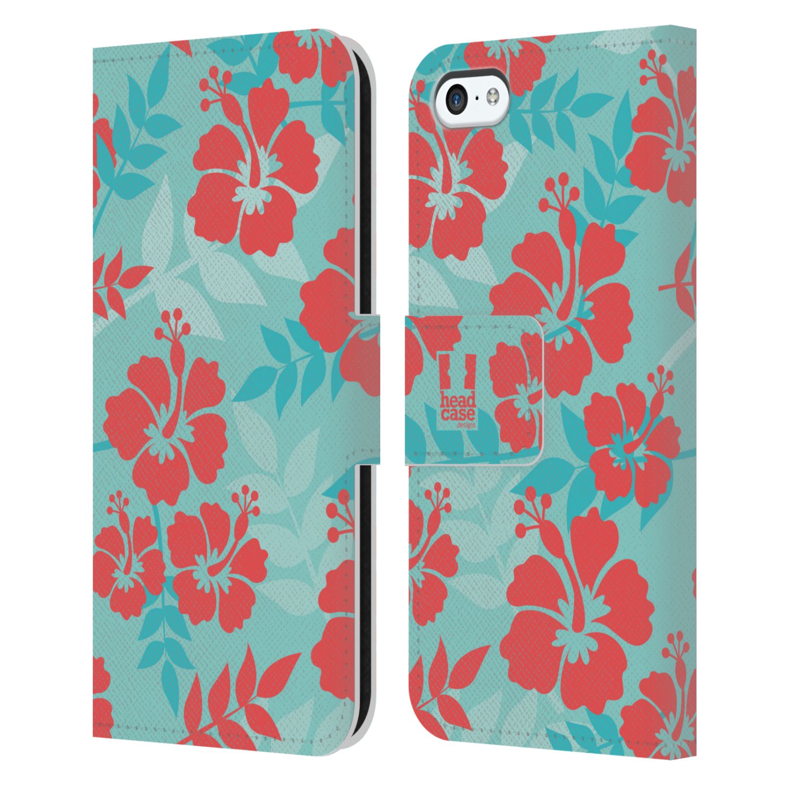 HEAD CASE Flipové pouzdro pro mobil Apple Iphone 5C Havajský vzor Ibišek květ modrá a růžová