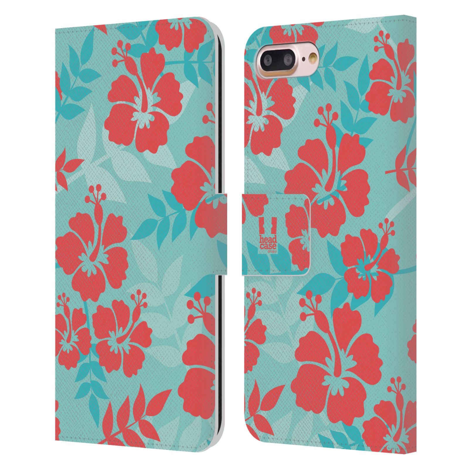 HEAD CASE Flipové pouzdro pro mobil Apple Iphone 7 PLUS / 8 PLUS Havajský vzor Ibišek květ modrá a růžová