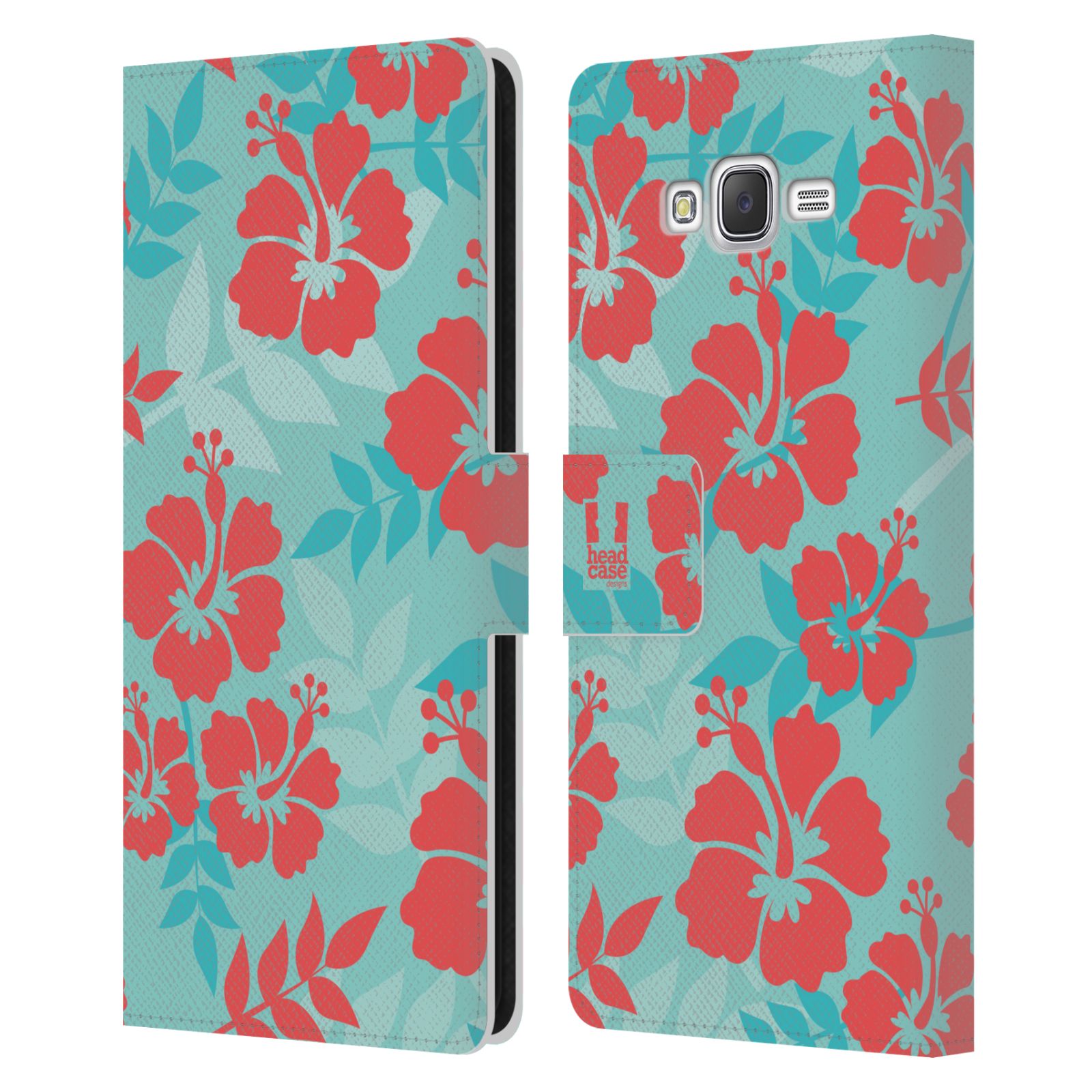 HEAD CASE Flipové pouzdro pro mobil Samsung Galaxy J7, J700 Havajský vzor Ibišek květ modrá a růžová