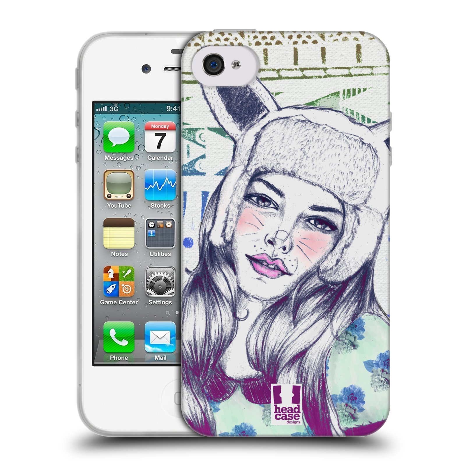 HEAD CASE silikonový obal na mobil Apple Iphone 4/4S vzor Děvče zvířecí tématika zajíček čepka
