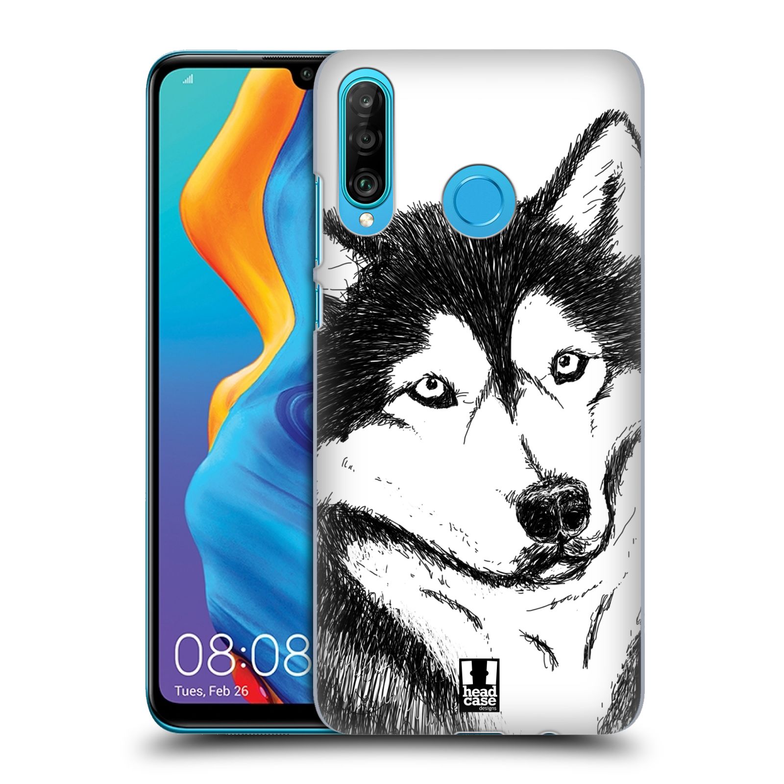 Pouzdro na mobil Huawei P30 LITE - HEAD CASE - vzor Kreslená zvířátka černá a bílá pes husky