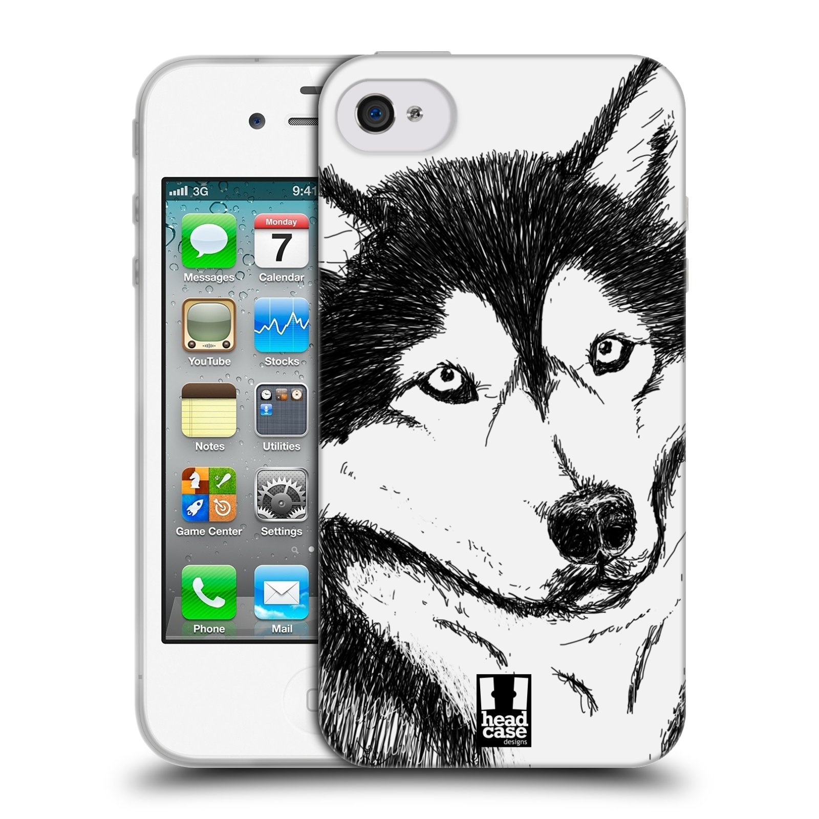 HEAD CASE silikonový obal na mobil Apple Iphone 4/4S vzor Kreslená zvířátka černá a bílá pes husky