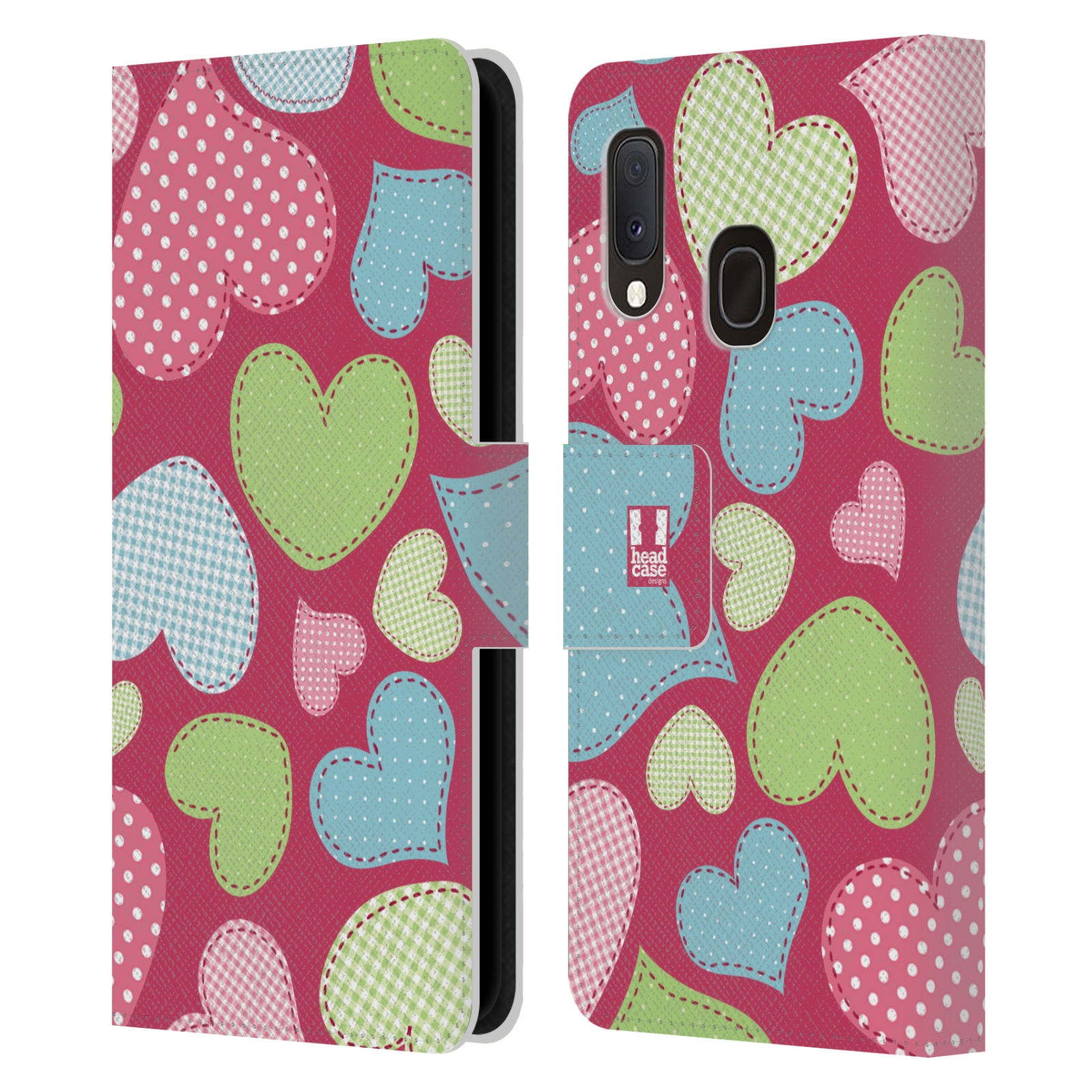 Pouzdro na mobil Samsung Galaxy A20e vzory barevných srdíček nášivka růžová barva