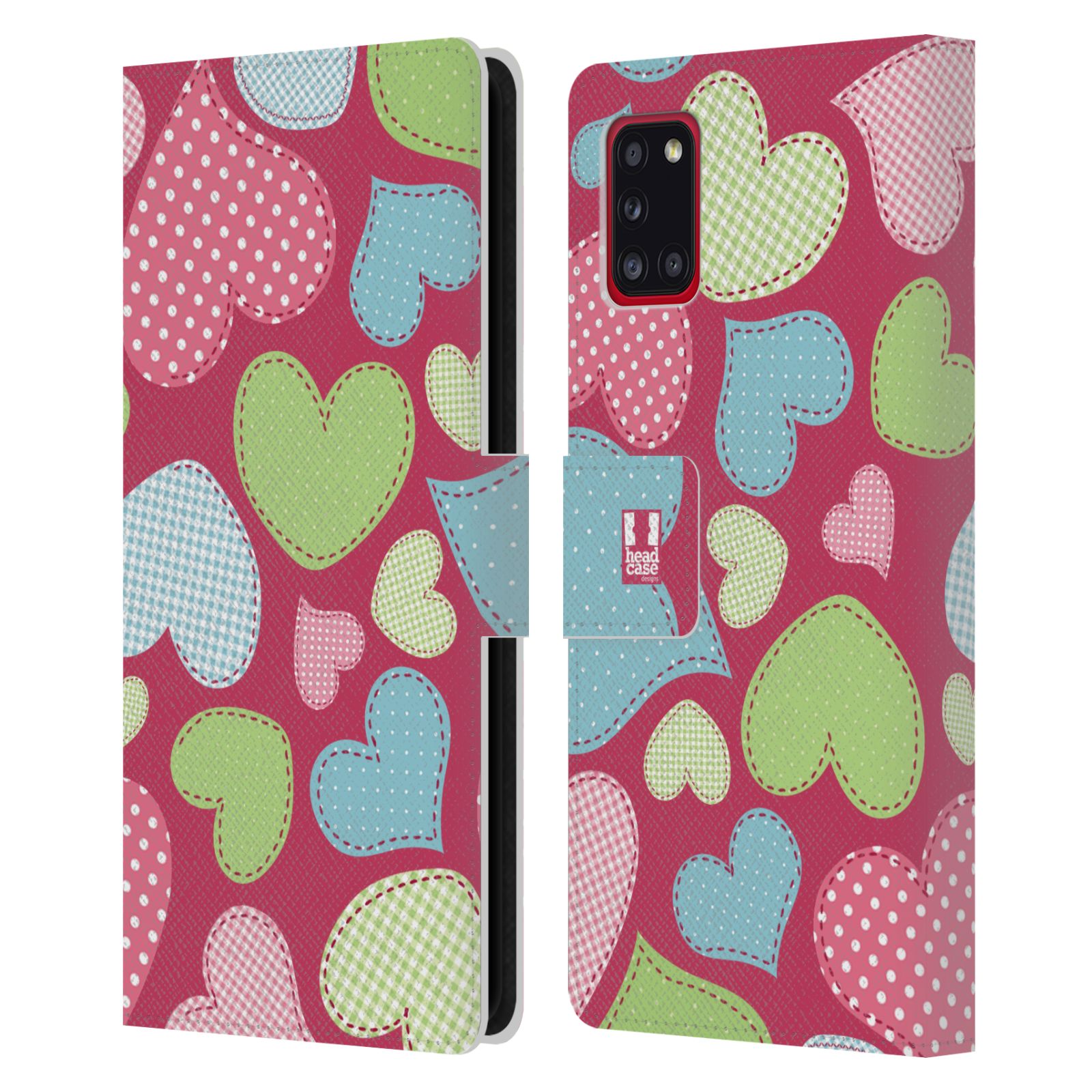 Pouzdro HEAD CASE na mobil Samsung Galaxy A31 vzory barevných srdíček nášivka růžová barva