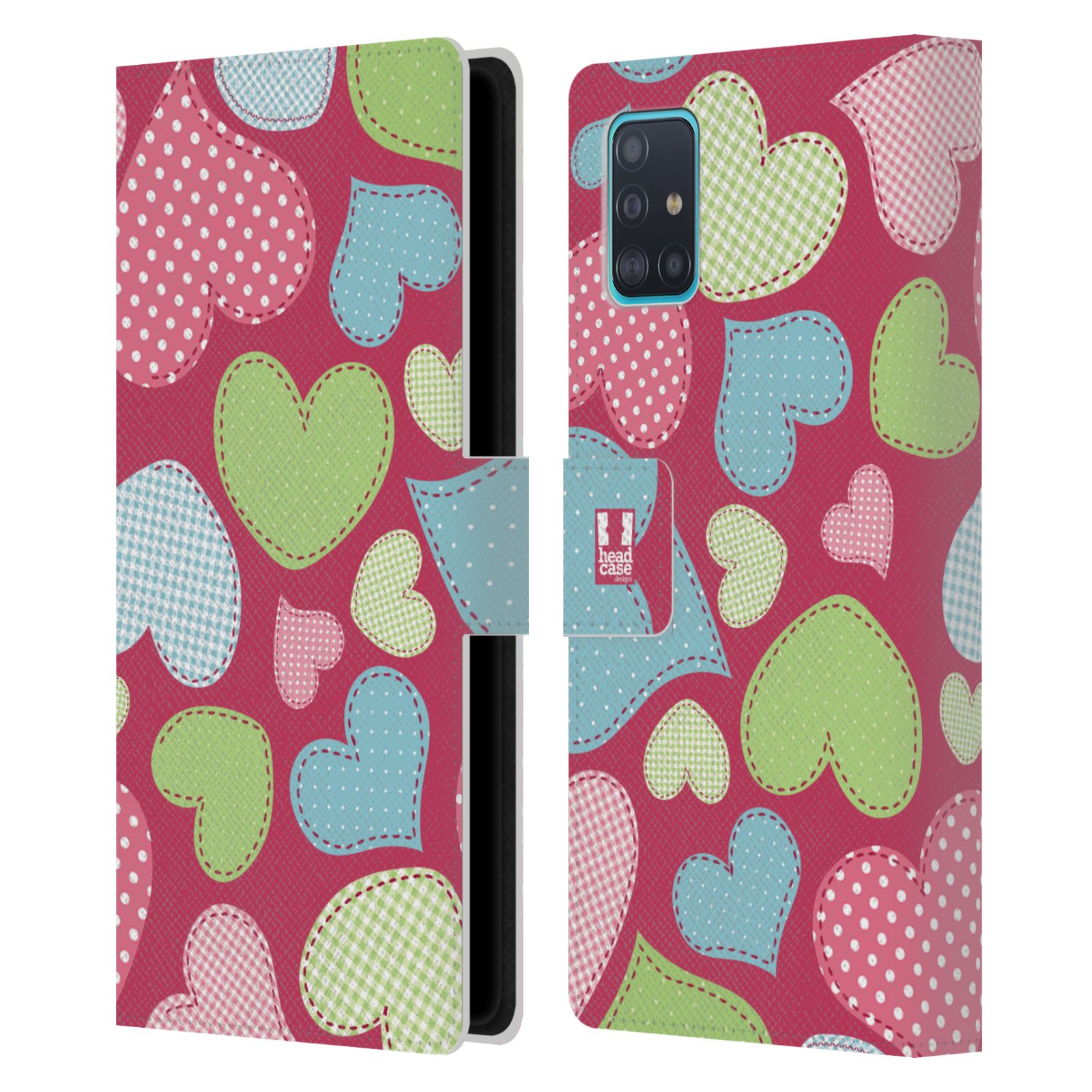 Pouzdro na mobil Samsung Galaxy A51 (A515F) vzory barevných srdíček nášivka růžová barva