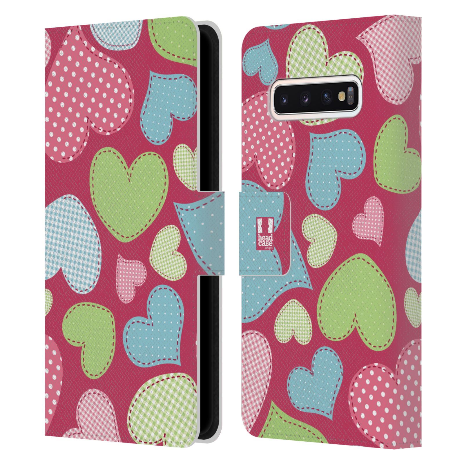 Pouzdro HEAD CASE na mobil Samsung Galaxy S10 vzory barevných srdíček nášivka růžová barva