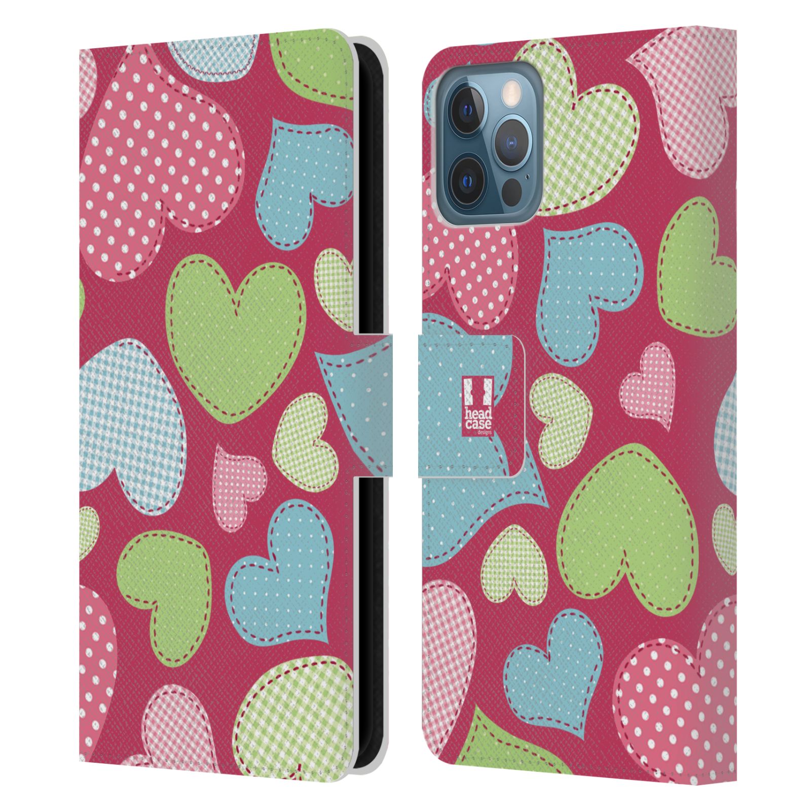 HEAD CASE Flipové pouzdro pro mobil Apple Iphone 12 / Iphone 12 PRO vzory barevných srdíček nášivka růžová barva