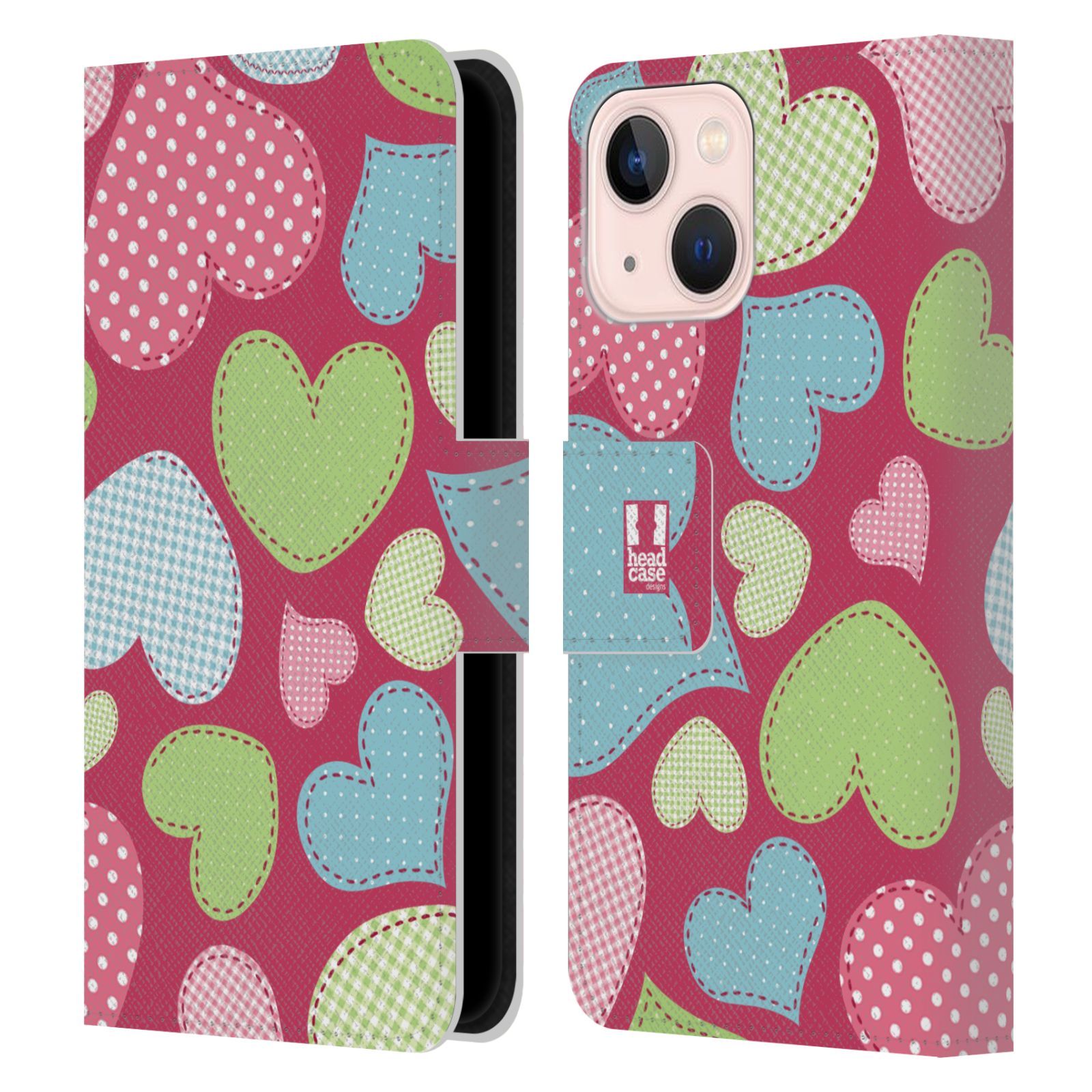 Pouzdro HEAD CASE na mobil Apple Iphone 13 MINI vzory barevných srdíček nášivka růžová barva