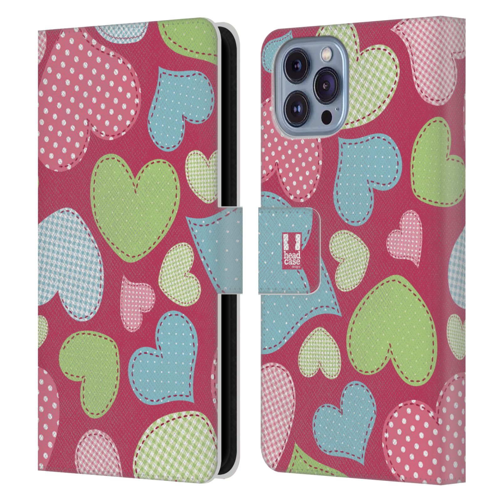Pouzdro HEAD CASE na mobil Apple Iphone 14 vzory barevných srdíček nášivka růžová barva