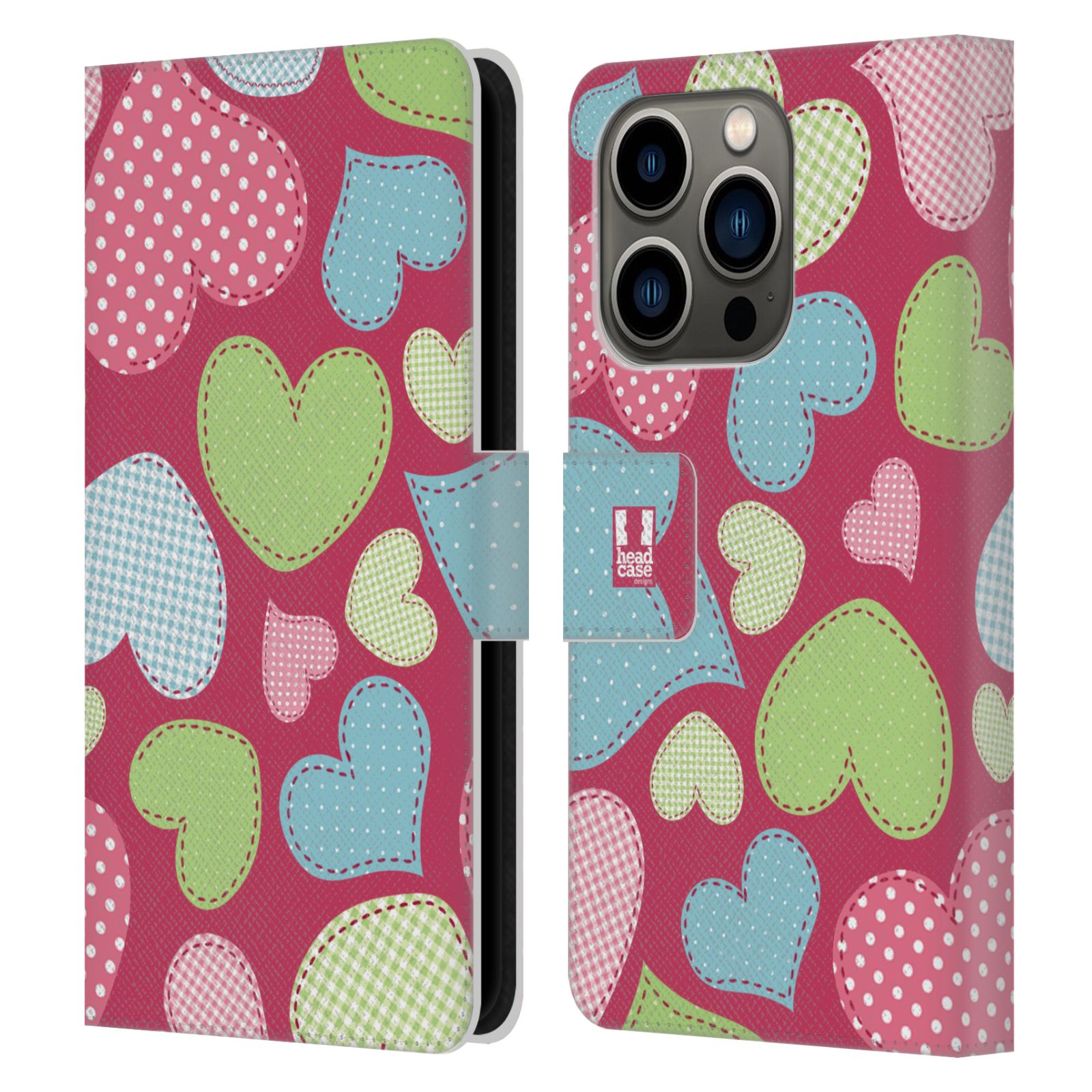Pouzdro HEAD CASE na mobil Apple Iphone 14 PRO vzory barevných srdíček nášivka růžová barva
