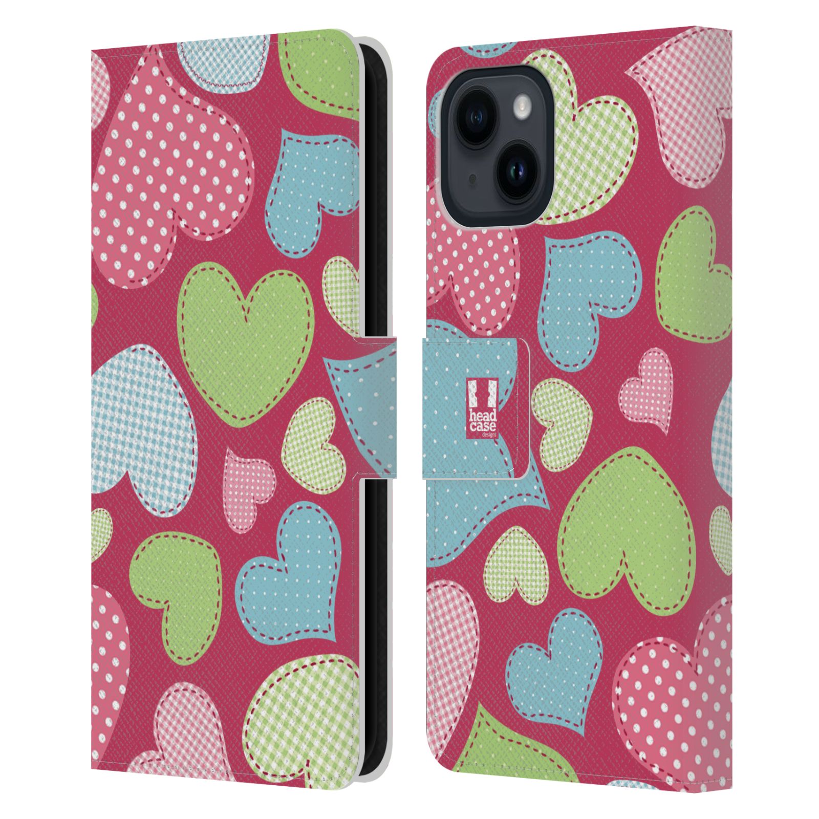 Pouzdro HEAD CASE na mobil Apple Iphone 15 vzory barevných srdíček nášivka růžová barva