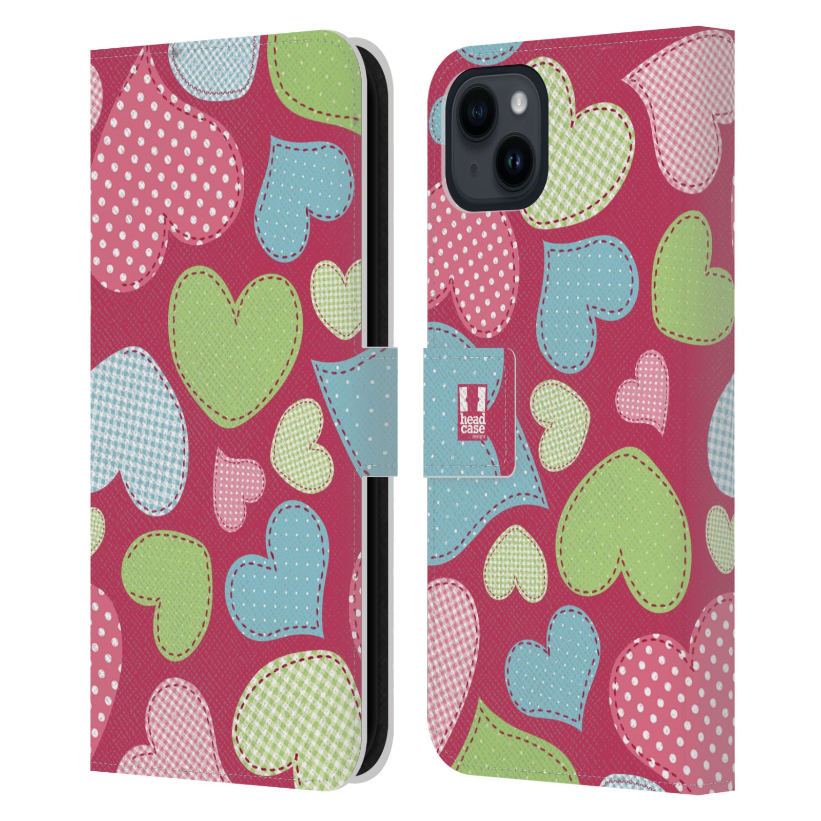 Pouzdro HEAD CASE na mobil Apple Iphone 15 PLUS vzory barevných srdíček nášivka růžová barva