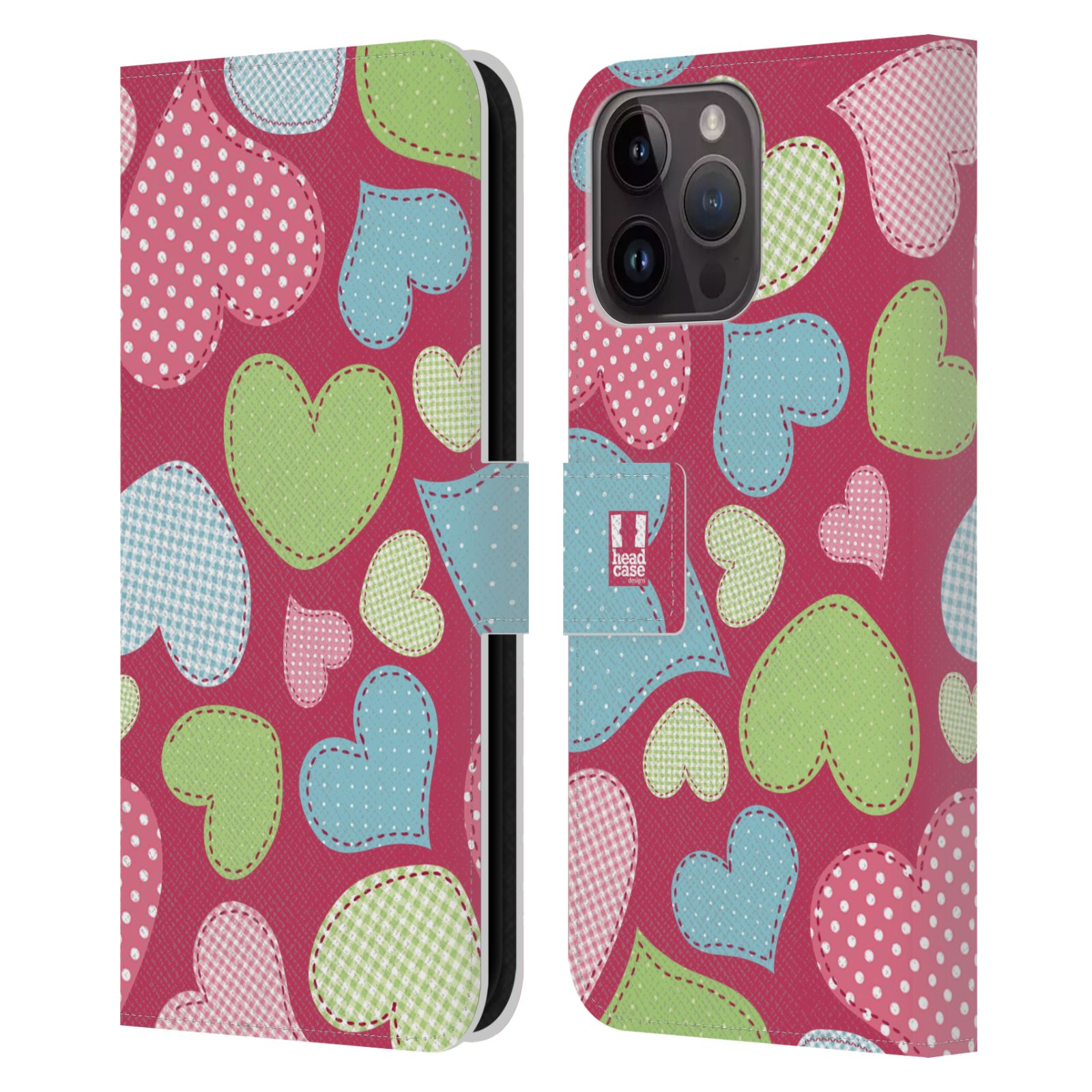 Pouzdro HEAD CASE na mobil Apple Iphone 15 PRO MAX vzory barevných srdíček nášivka růžová barva