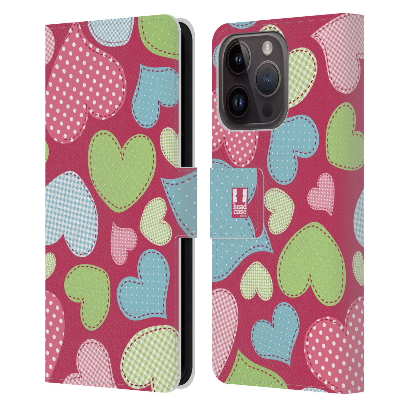 Pouzdro HEAD CASE na mobil Apple Iphone 15 PRO vzory barevných srdíček nášivka růžová barva
