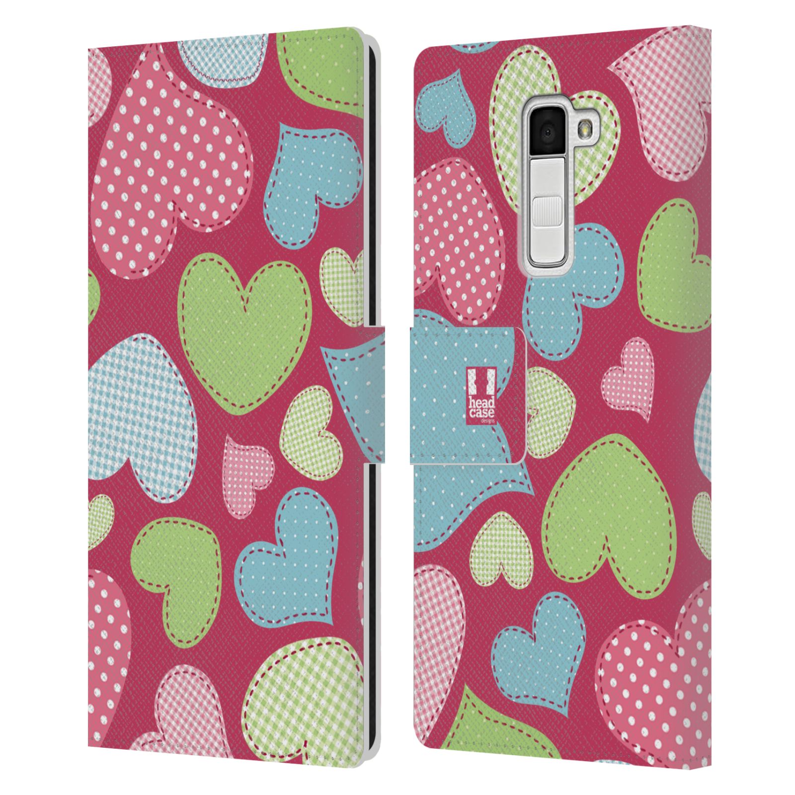 HEAD CASE Flipové pouzdro pro mobil LG K10 vzory barevných srdíček nášivka růžová barva