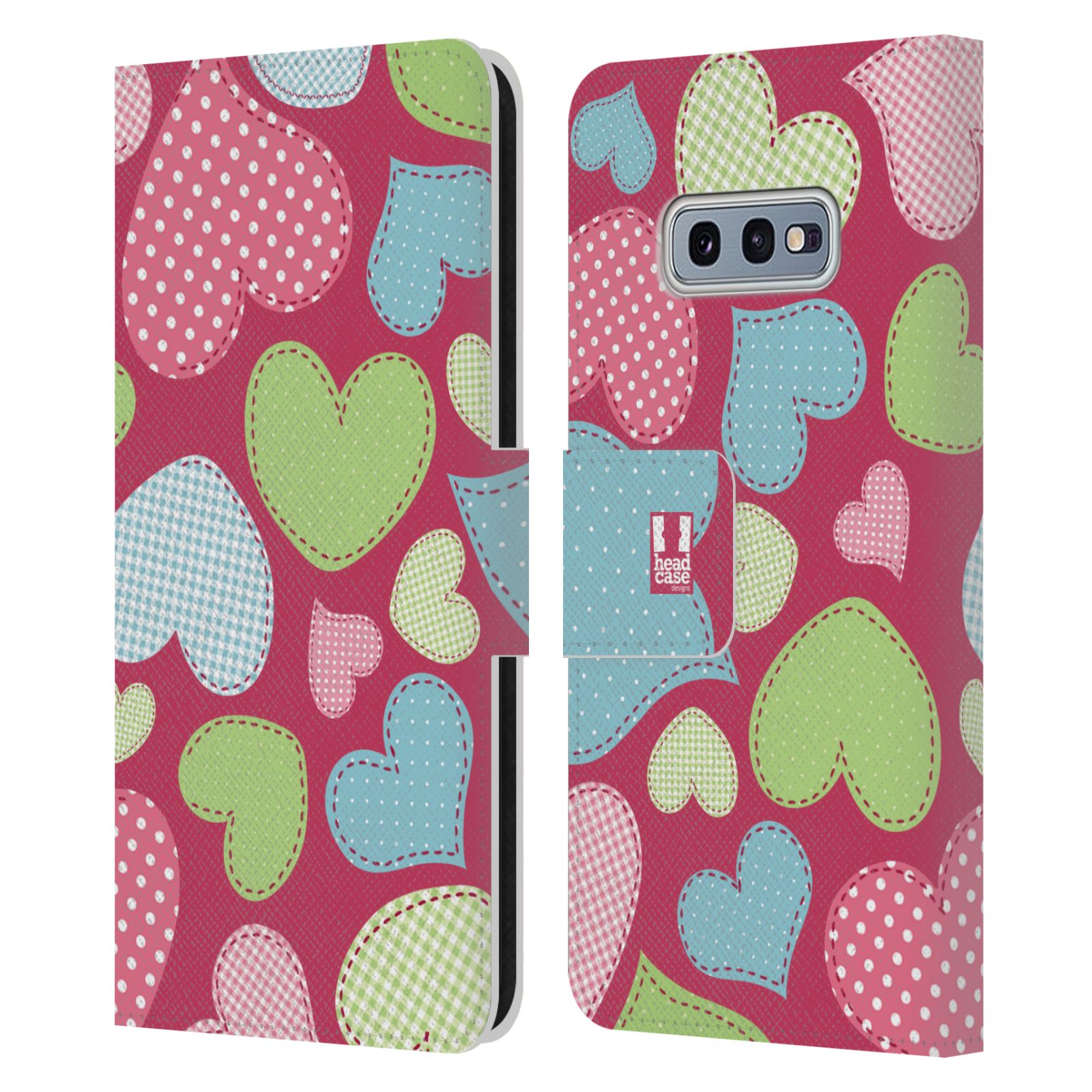 Pouzdro HEAD CASE na mobil Samsung Galaxy S10e vzory barevných srdíček nášivka růžová barva