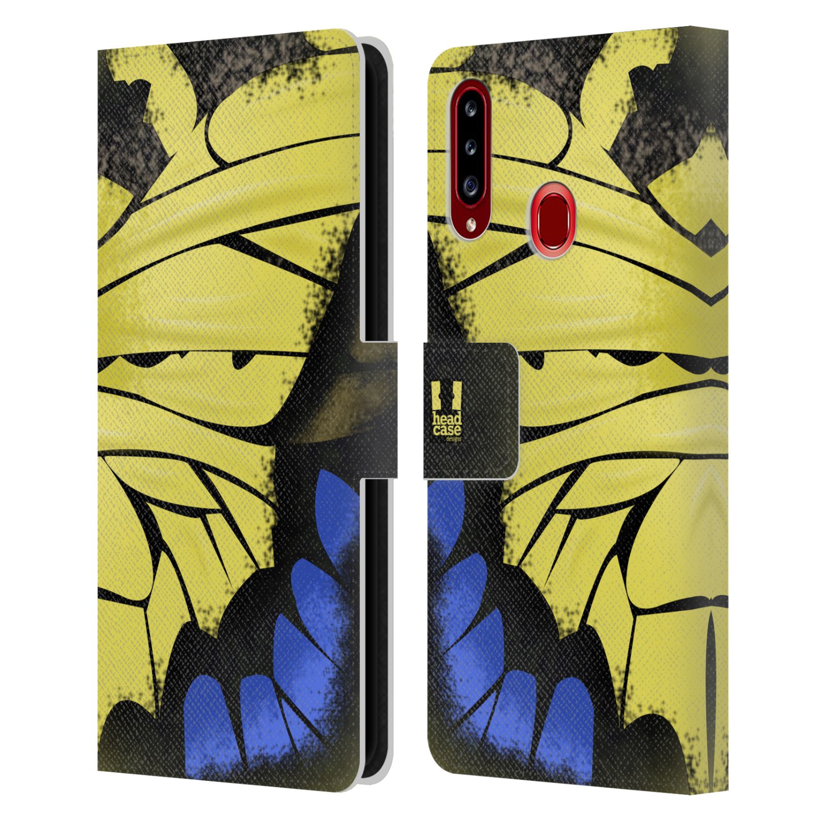 HEAD CASE Flipové pouzdro pro mobil Samsung Galaxy A20s motýl a křídla kreslený vzor žlutá a modrá
