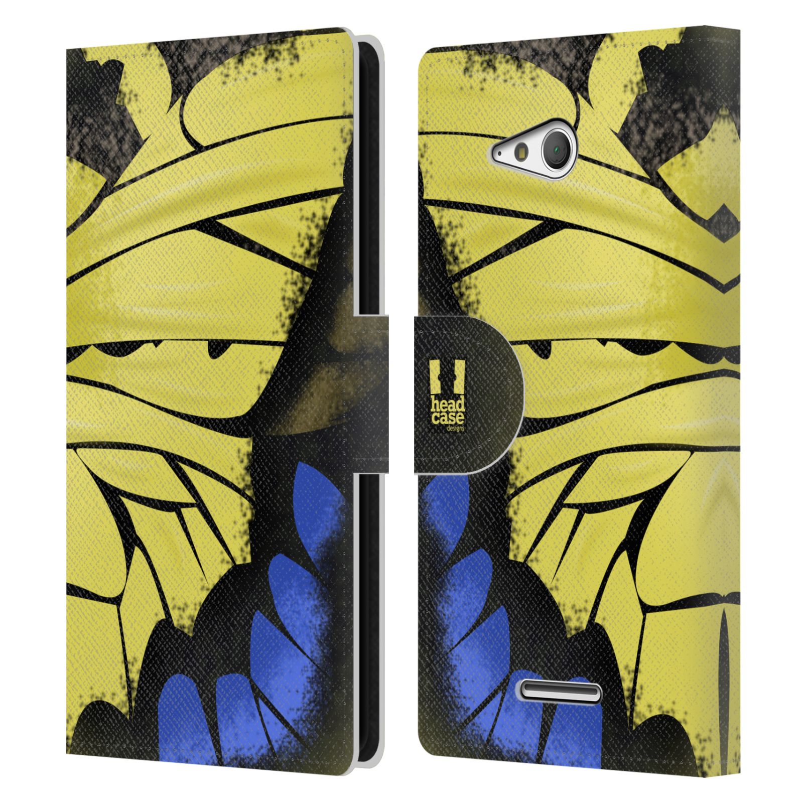 HEAD CASE Flipové pouzdro pro mobil SONY XPERIA E4g motýl a křídla kreslený vzor žlutá a modrá