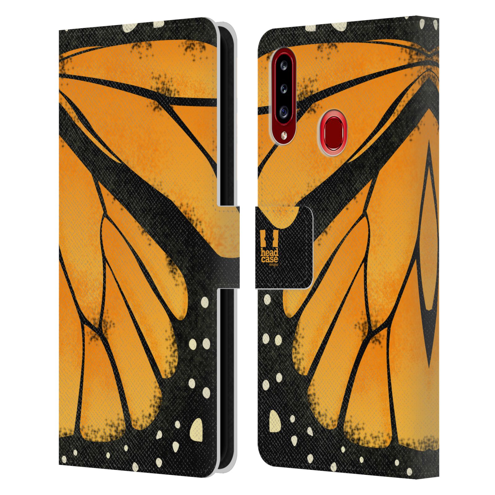 HEAD CASE Flipové pouzdro pro mobil Samsung Galaxy A20s motýl a křídla kreslený vzor MONARCHA žlutá