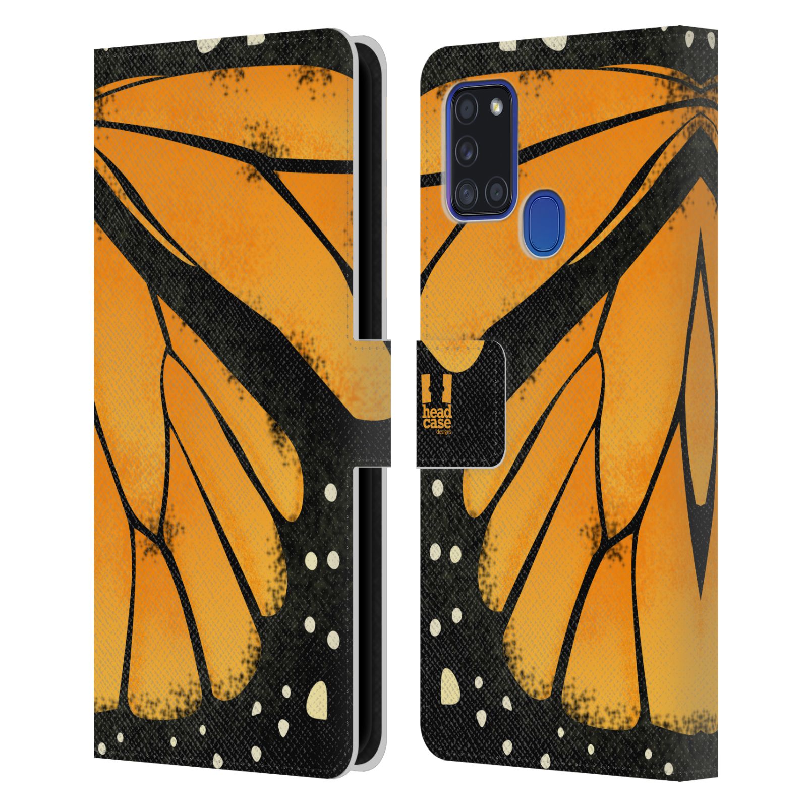 HEAD CASE Flipové pouzdro pro mobil Samsung Galaxy A21s motýl a křídla kreslený vzor MONARCHA žlutá
