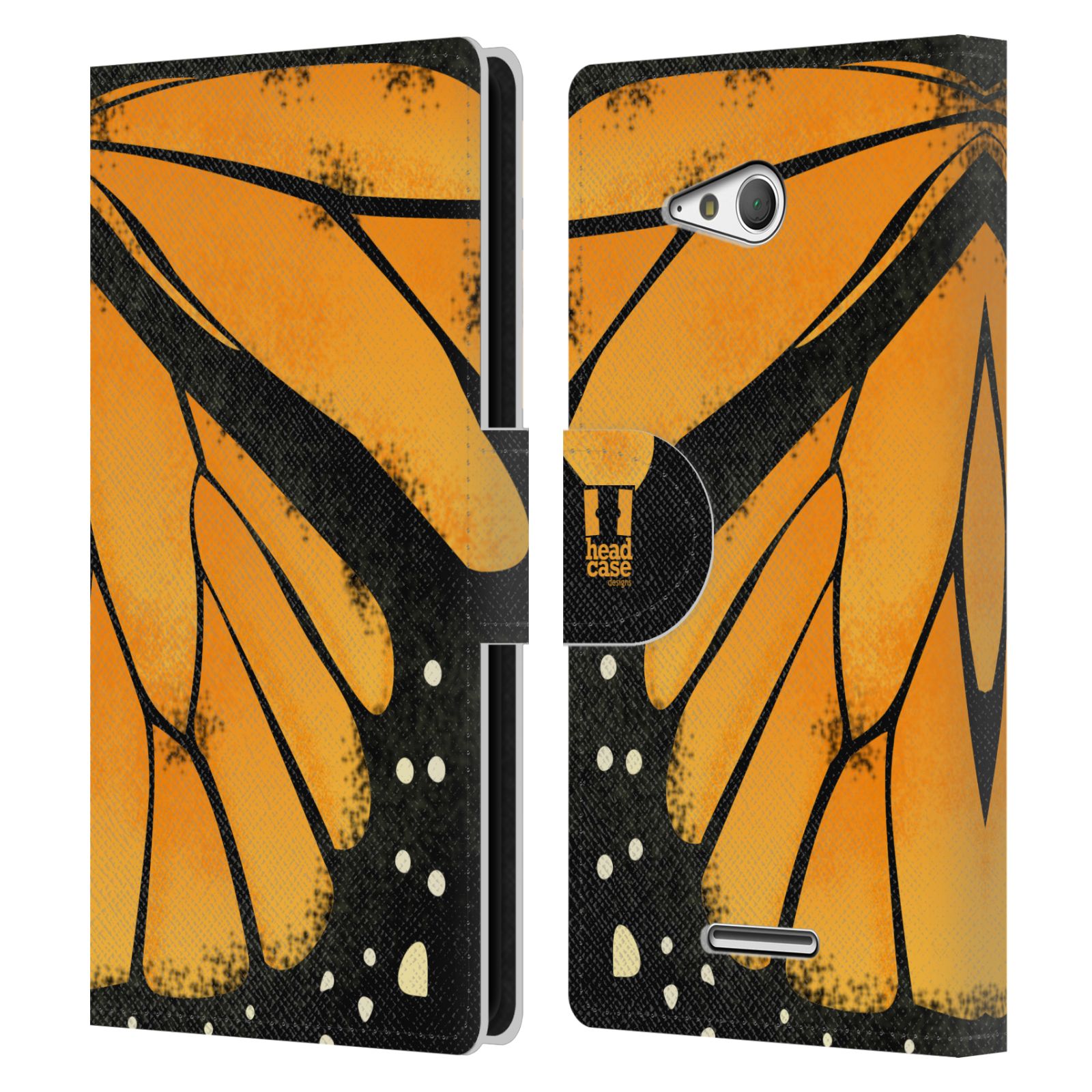 HEAD CASE Flipové pouzdro pro mobil SONY XPERIA E4g motýl a křídla kreslený vzor MONARCHA žlutá