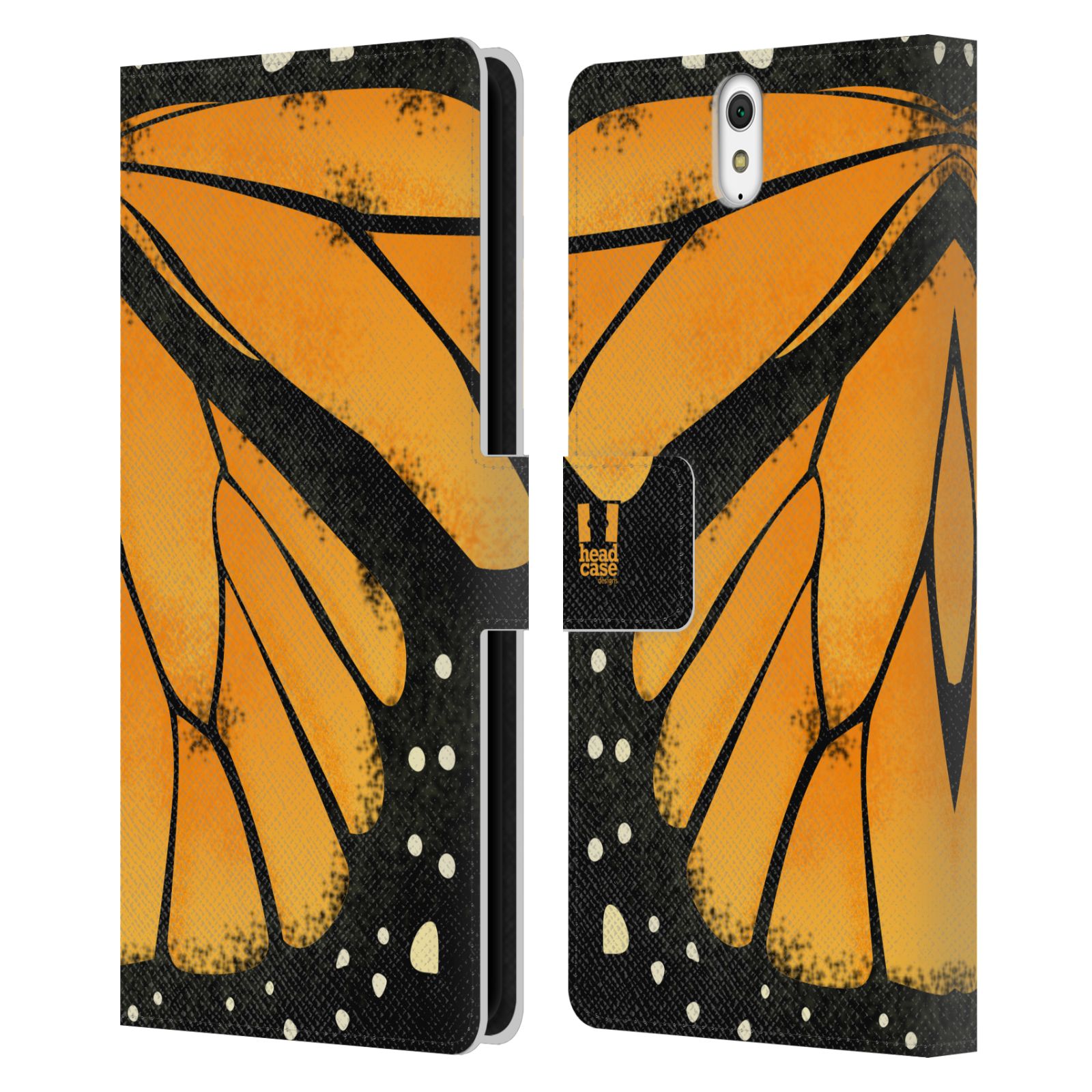 HEAD CASE Flipové pouzdro pro mobil SONY XPERIA C5 Ultra motýl a křídla kreslený vzor MONARCHA žlutá