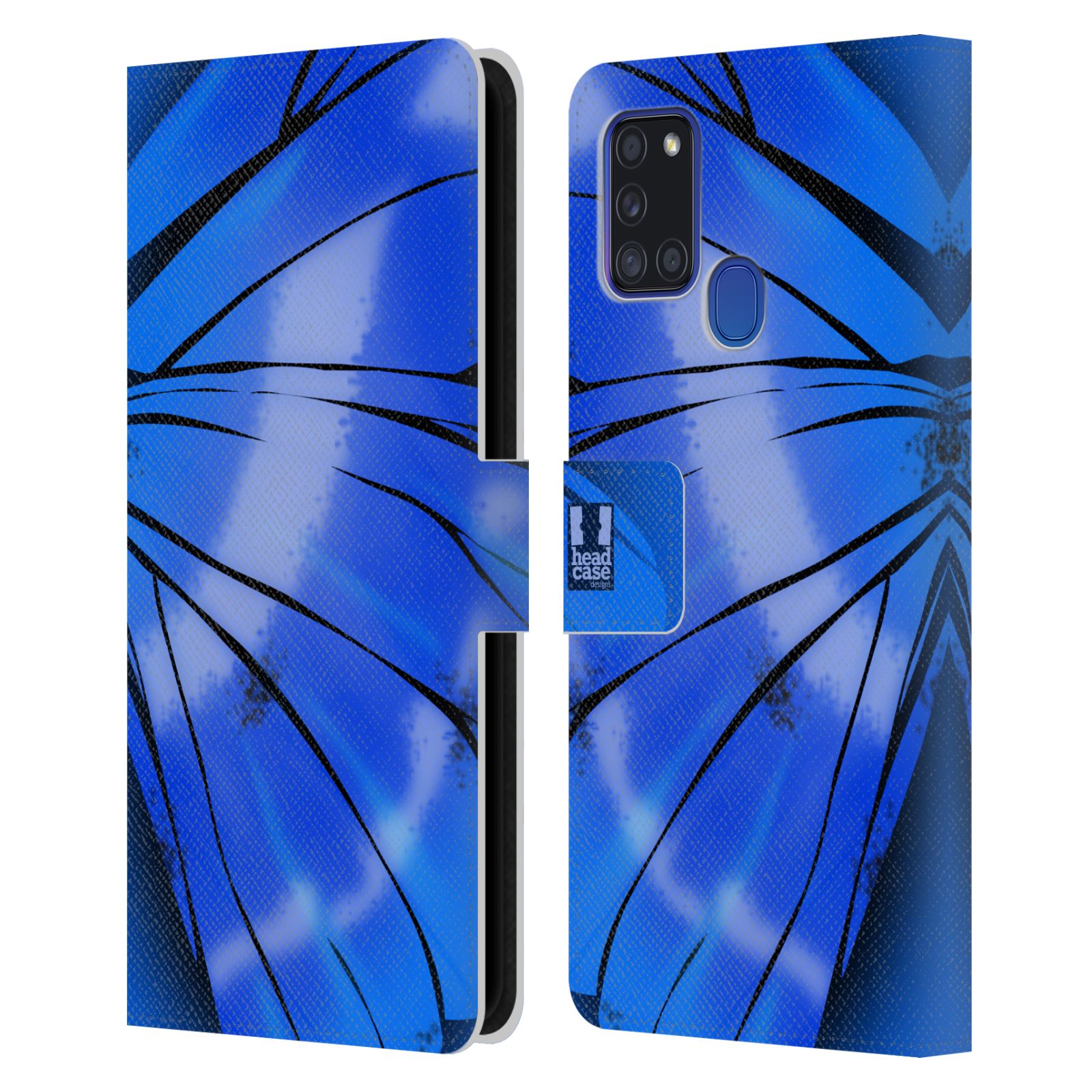HEAD CASE Flipové pouzdro pro mobil Samsung Galaxy A21s motýl a křídla kreslený vzor modrá zářivá