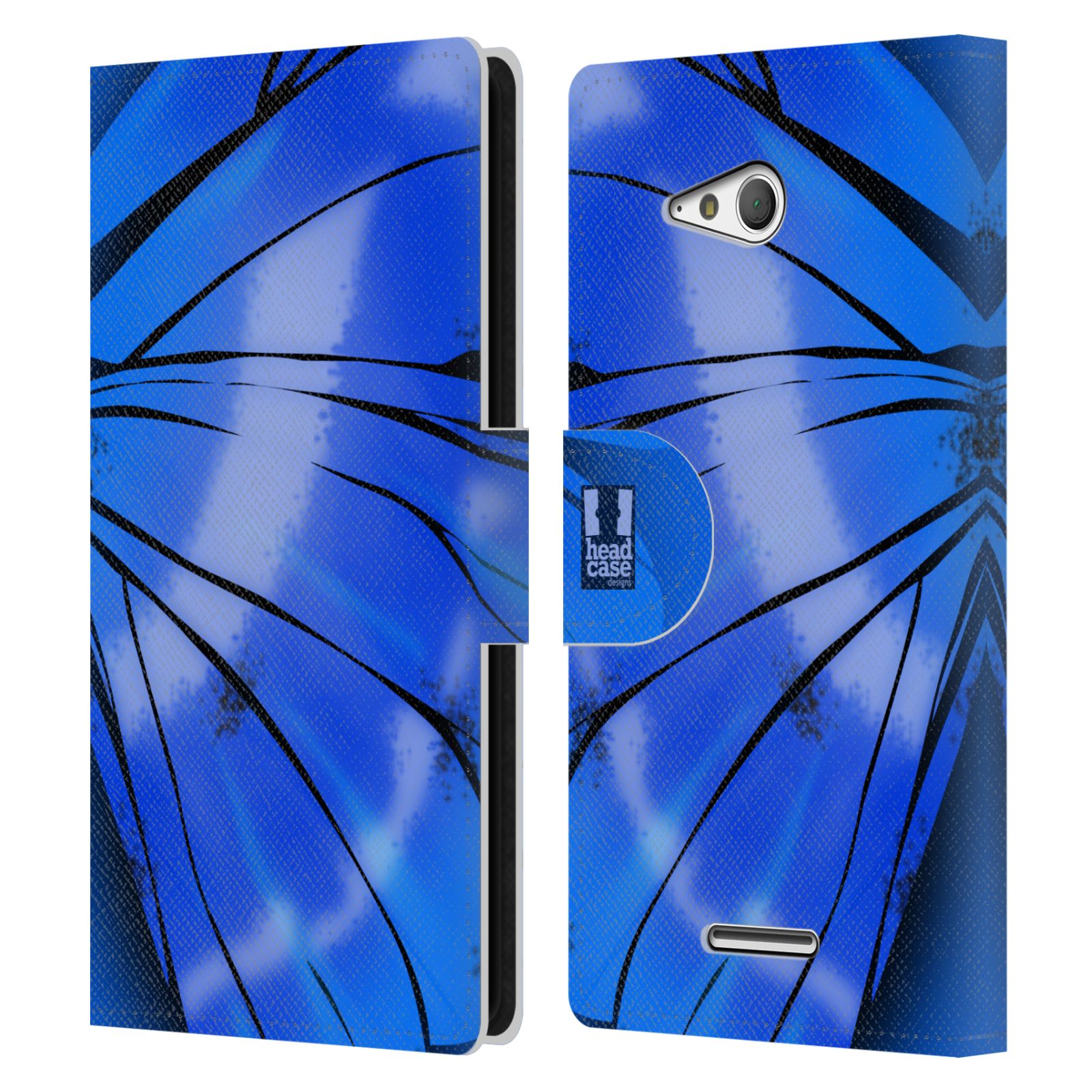 HEAD CASE Flipové pouzdro pro mobil SONY XPERIA E4g motýl a křídla kreslený vzor modrá zářivá